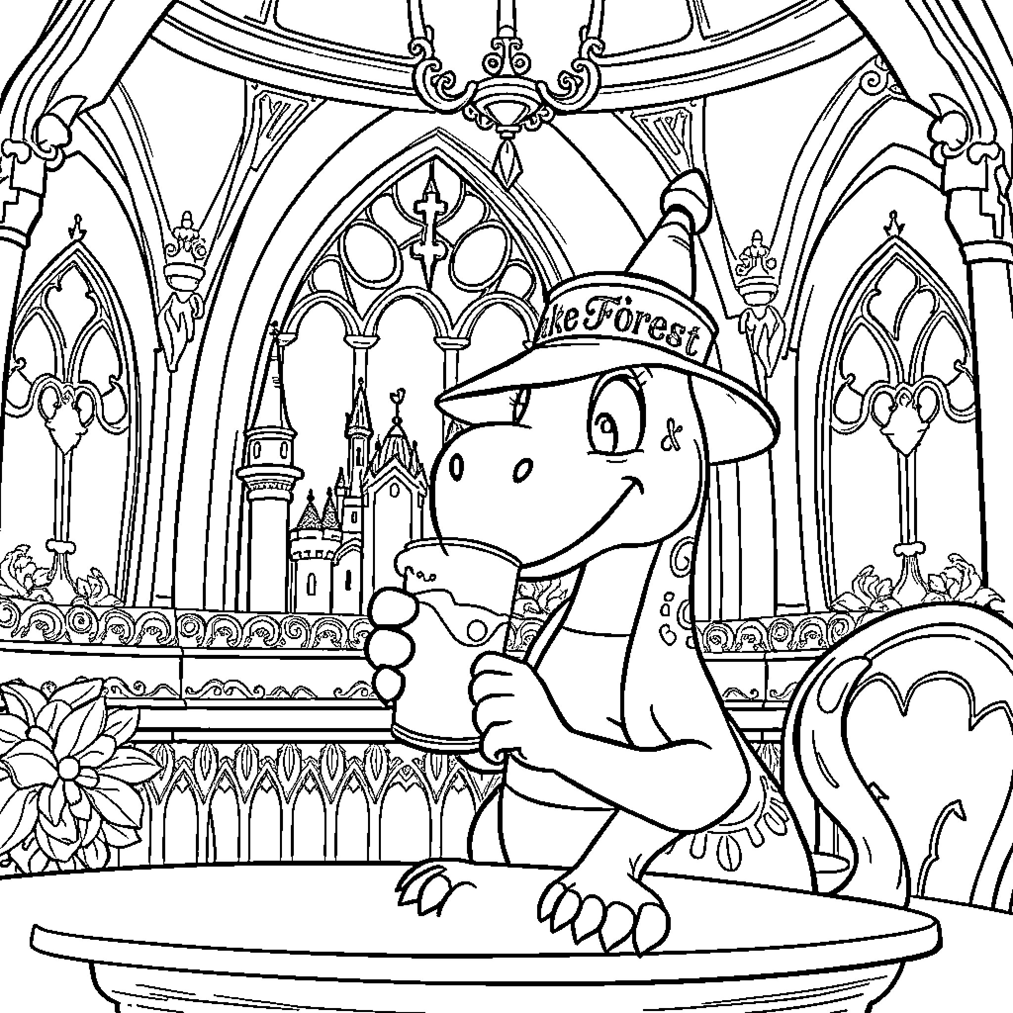 Figment Exploring the Enchanting Castle Coloring Page (free black-and-white line drawing printable PDF for all, from beginners to advanced learners, including children, teens, adults, and seniors)