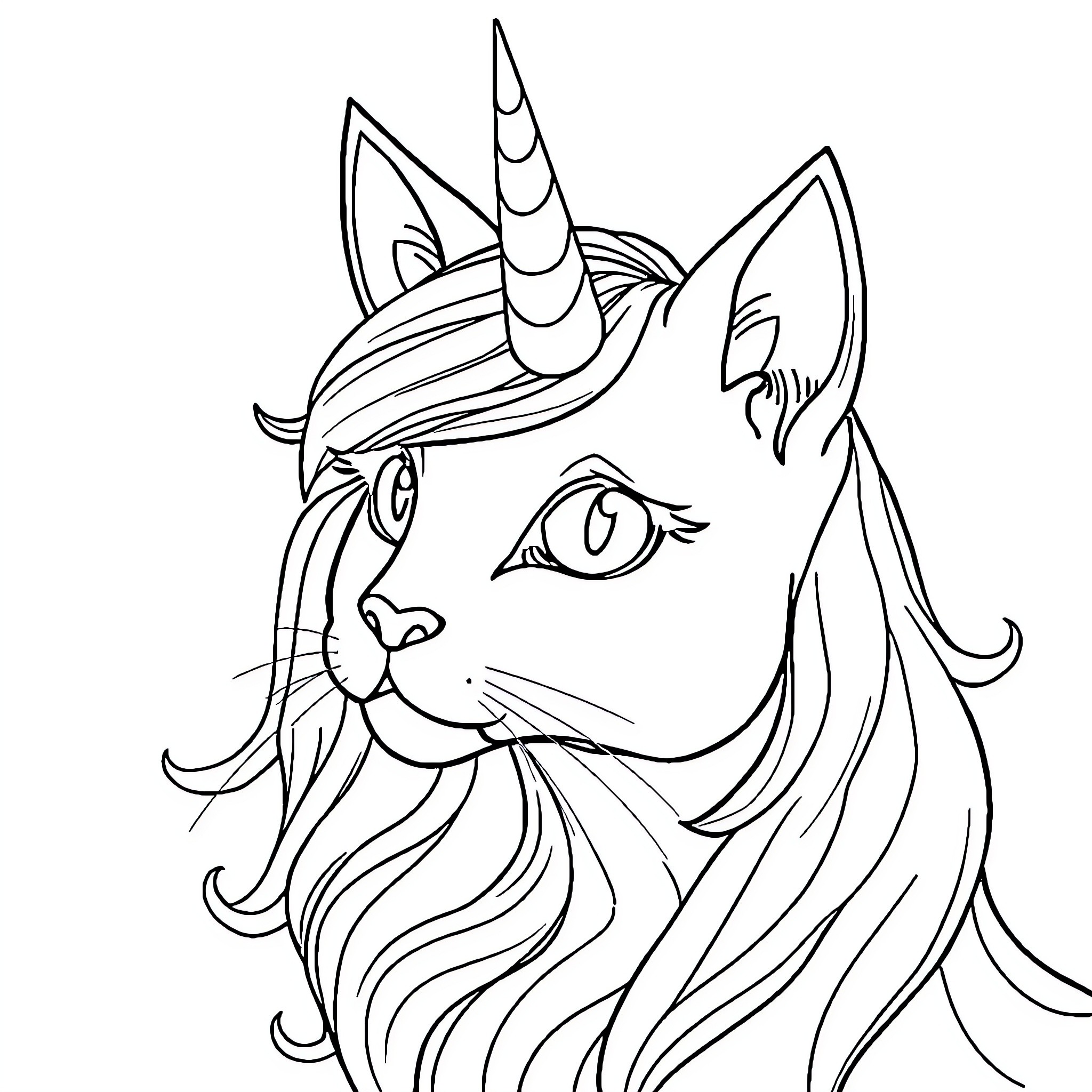 Cat Unicorn with Flowing Mane and Horn Coloring Page (free black-and-white line drawing printable PDF for all, from beginners to advanced learners, including children, teens, adults, and seniors)