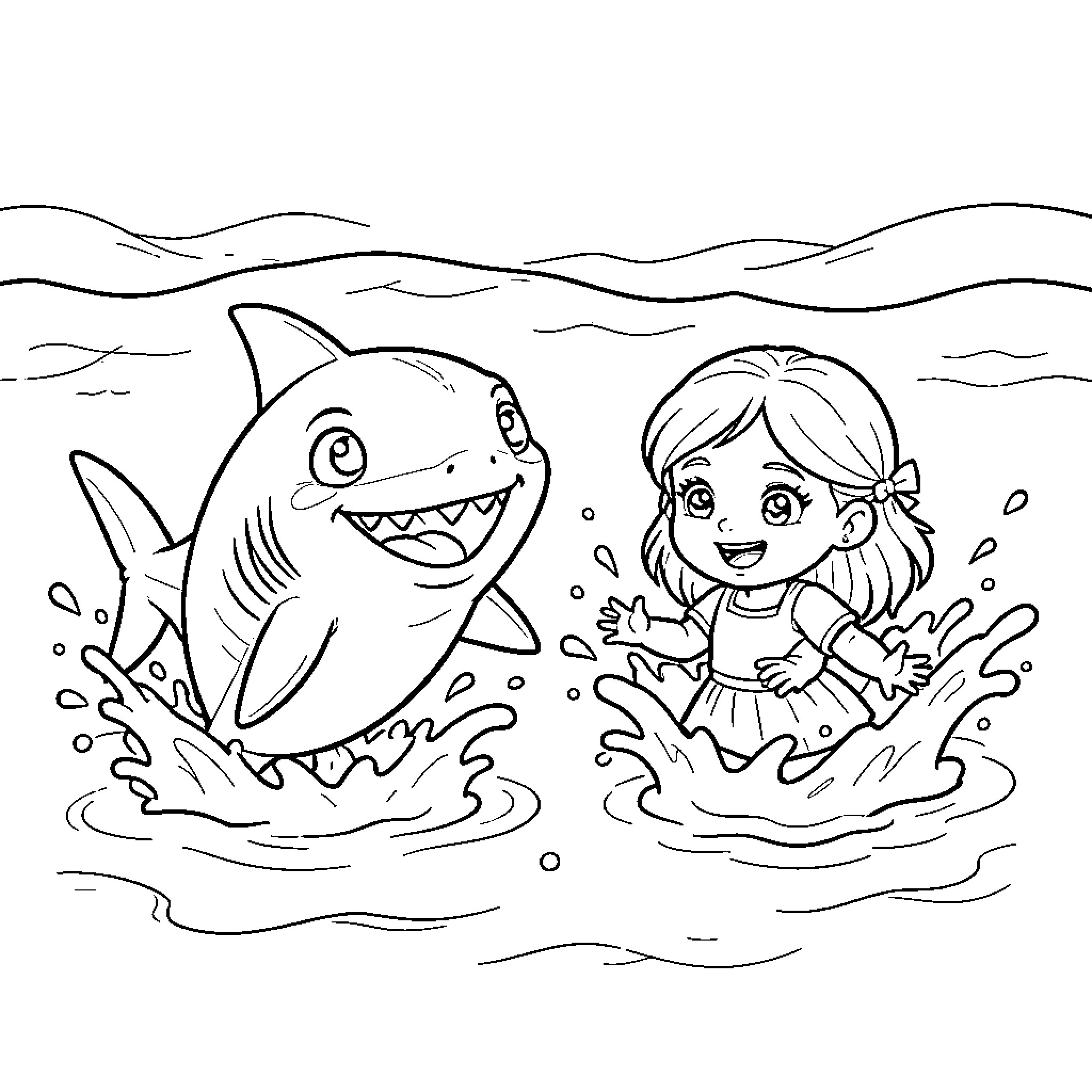 Shark playing joyfully with girl in the ocean Coloring Page (free black-and-white line drawing printable PDF for all, from beginners to advanced learners, including children, teens, adults, and seniors)