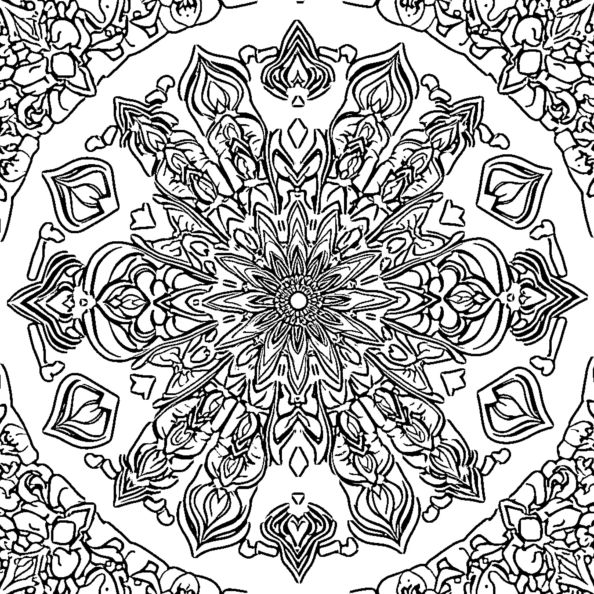 Mandala with intricate floral designs Coloring Page (free black-and-white line drawing printable PDF for all, from beginners to advanced learners, including children, teens, adults, and seniors)