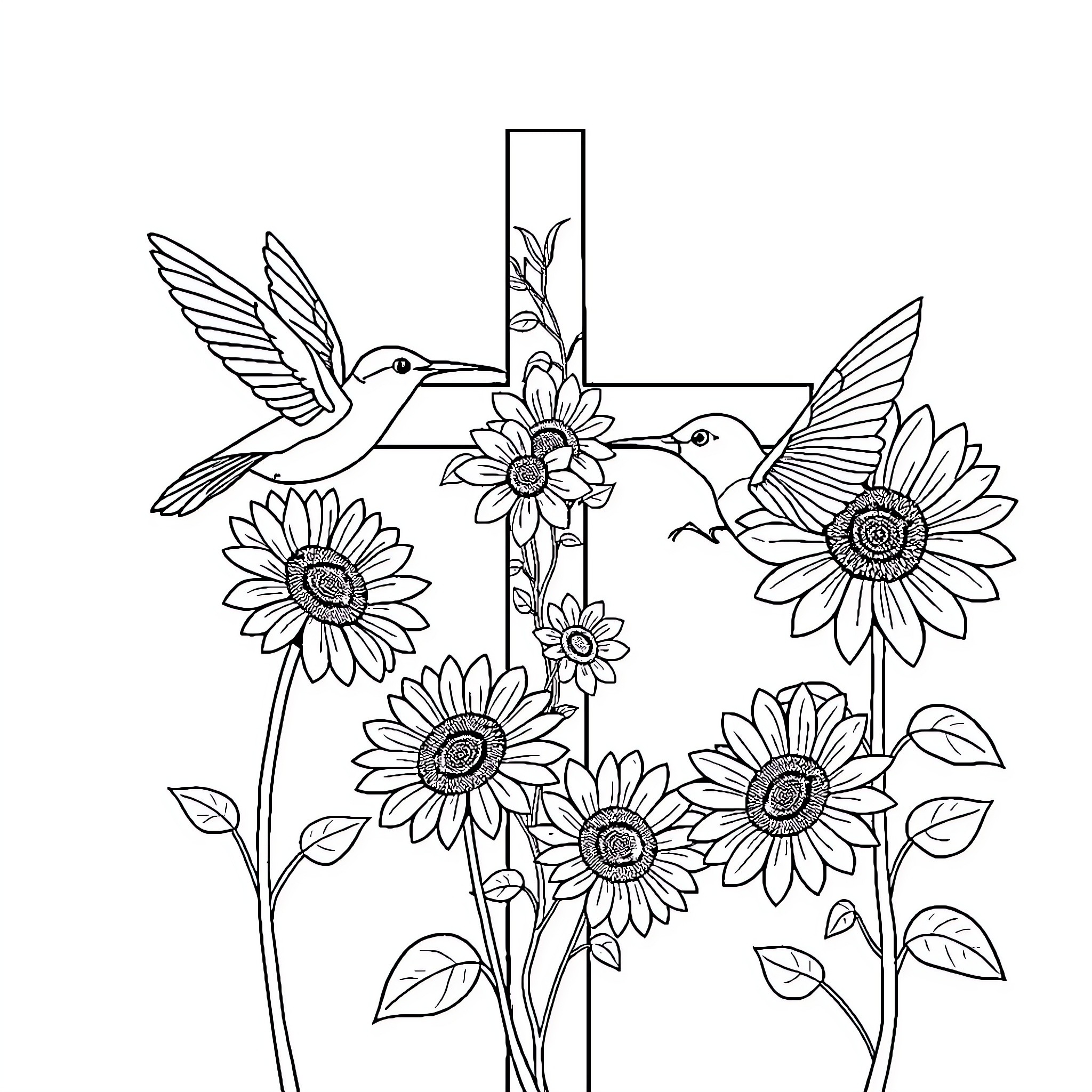 Cross with Floral and Hummingbird Imagery Coloring Page (free black-and-white line drawing printable PDF for all, from beginners to advanced learners, including children, teens, adults, and seniors)