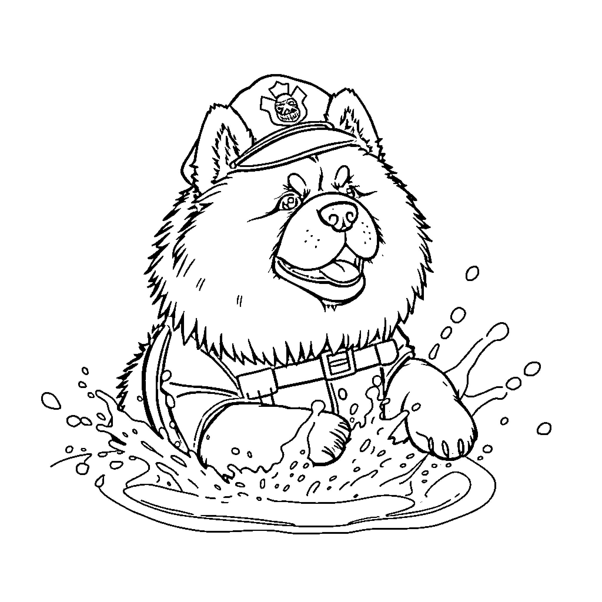 Chow Chow police officer playing in the puddle Coloring Page (free black-and-white line drawing printable PDF for all, from beginners to advanced learners, including children, teens, adults, and seniors)