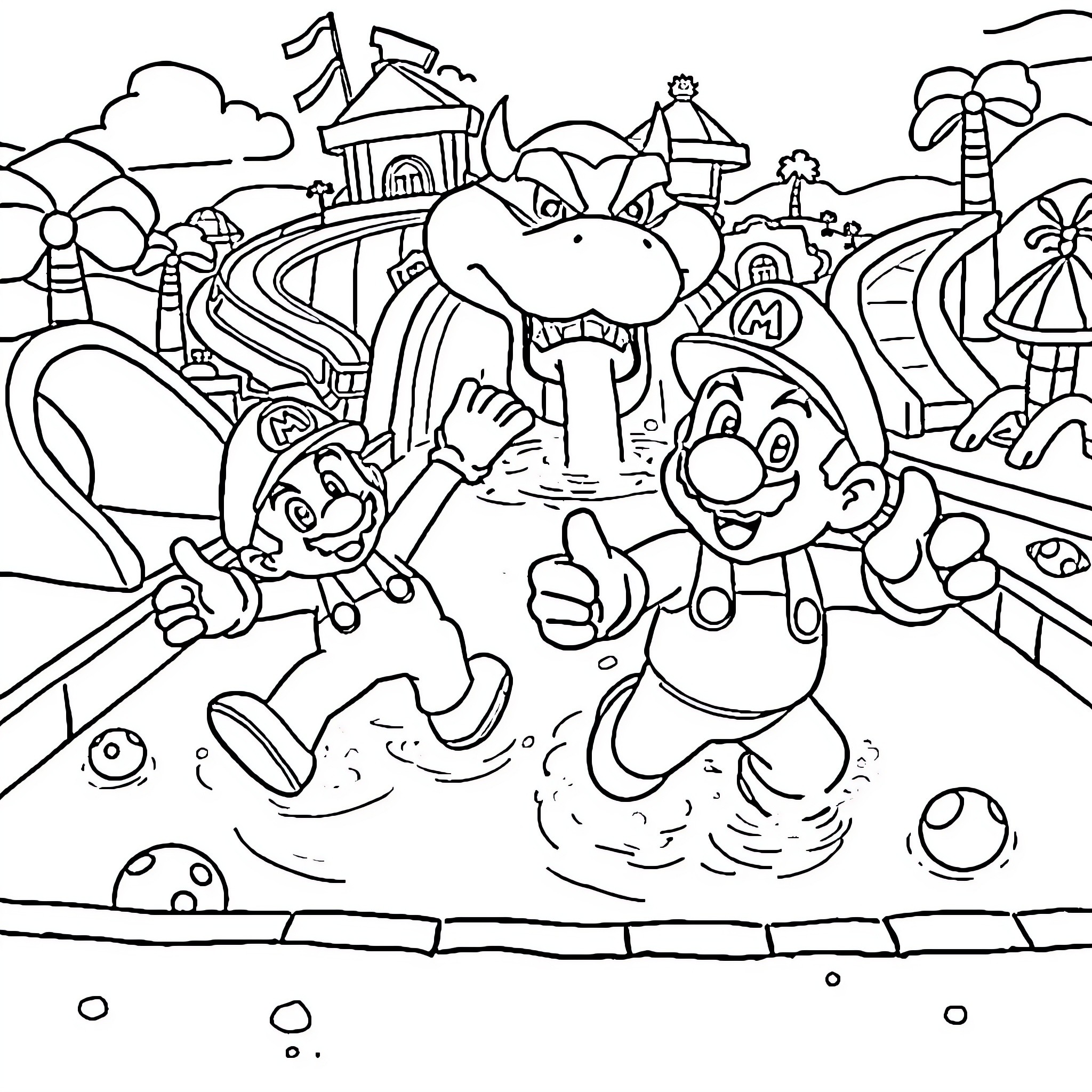 Mario and Luigi Enjoying the Amusement Park Coloring Page (free black-and-white line drawing printable PDF for all, from beginners to advanced learners, including children, teens, adults, and seniors)