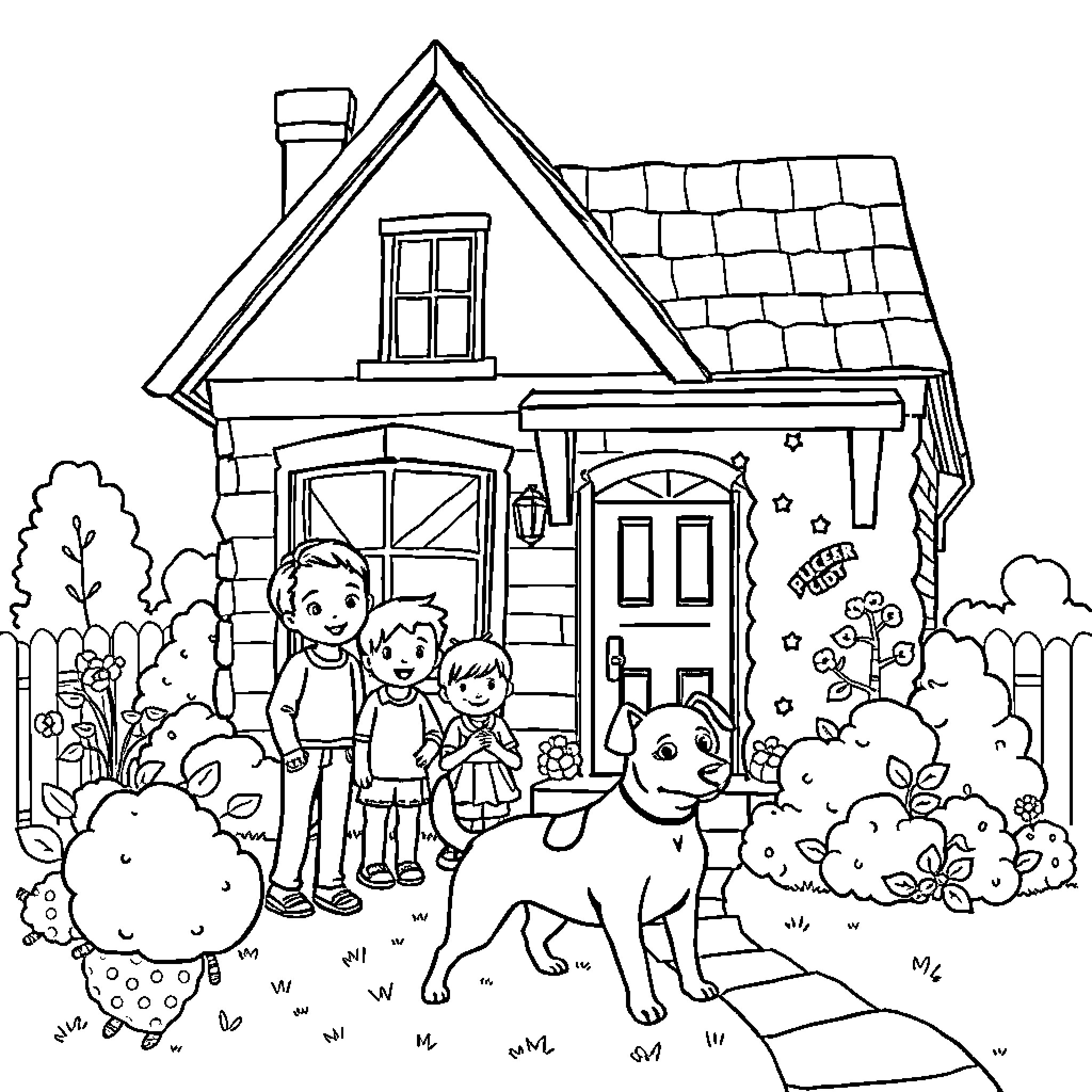 House with people and pets outdoors Coloring Page (free black-and-white line drawing printable PDF for all, from beginners to advanced learners, including children, teens, adults, and seniors)