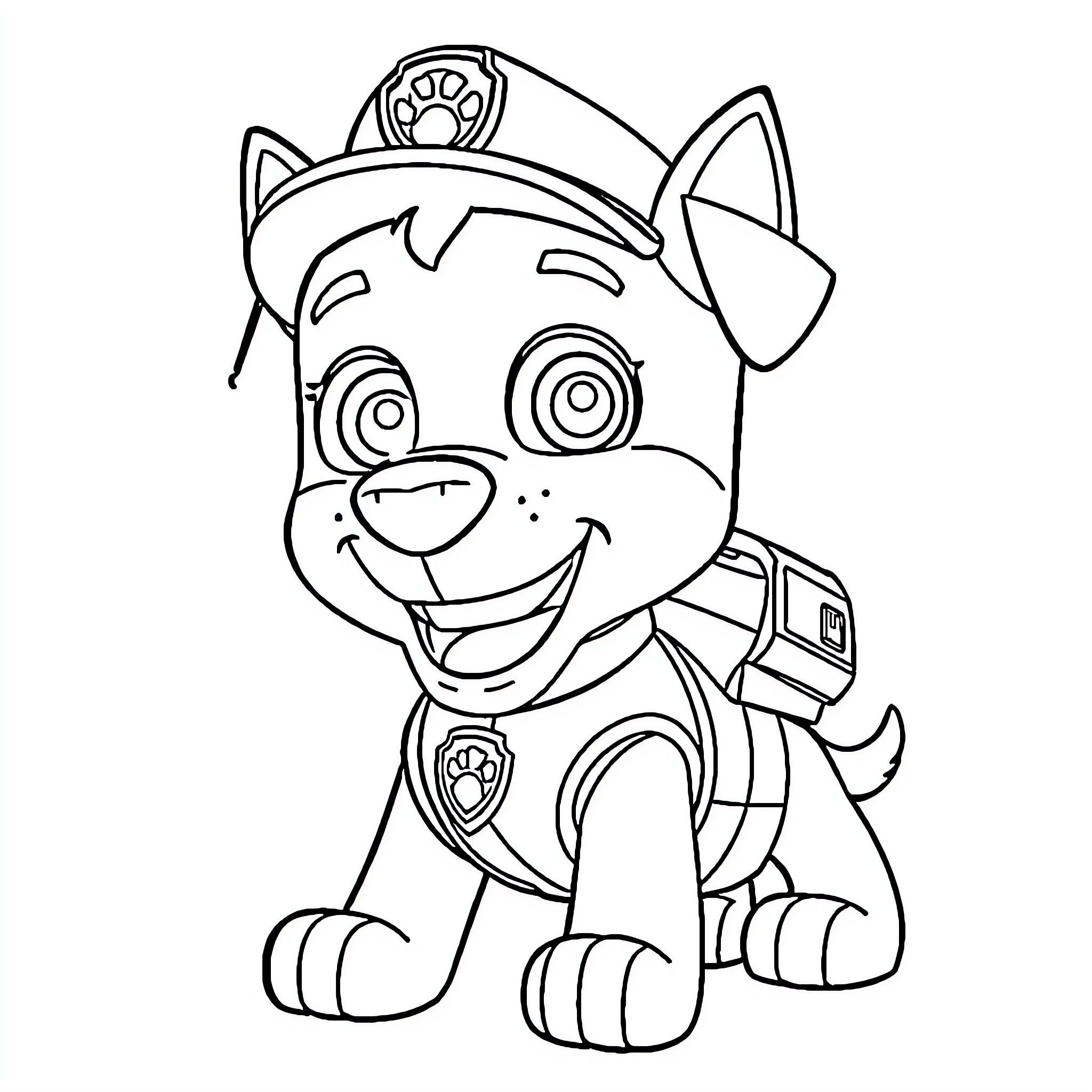 Ruben the Cheerful Police Pup on Duty Coloring Page (free black-and-white line drawing printable PDF for all, from beginners to advanced learners, including children, teens, adults, and seniors)