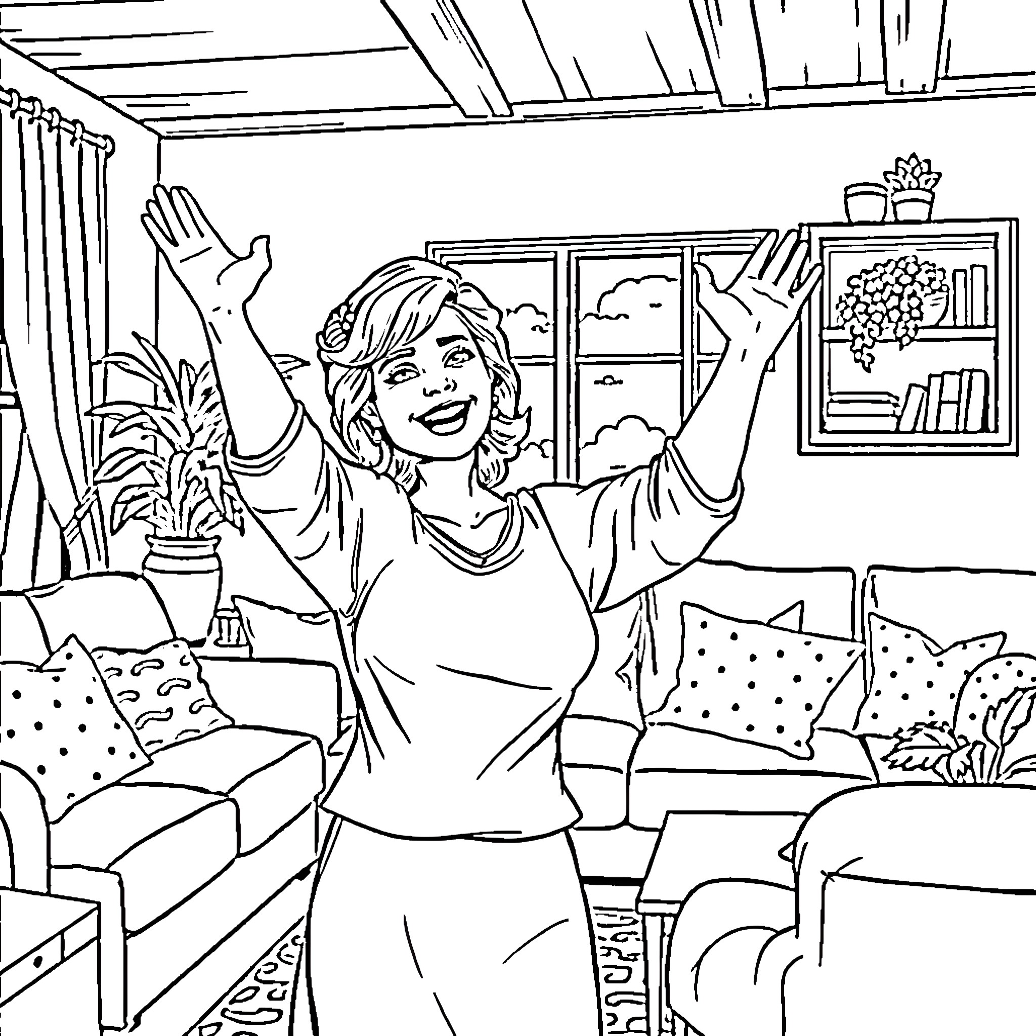 Mrs Rachel's joyful expression in her cozy home Coloring Page (free black-and-white line drawing printable PDF for all, from beginners to advanced learners, including children, teens, adults, and seniors)