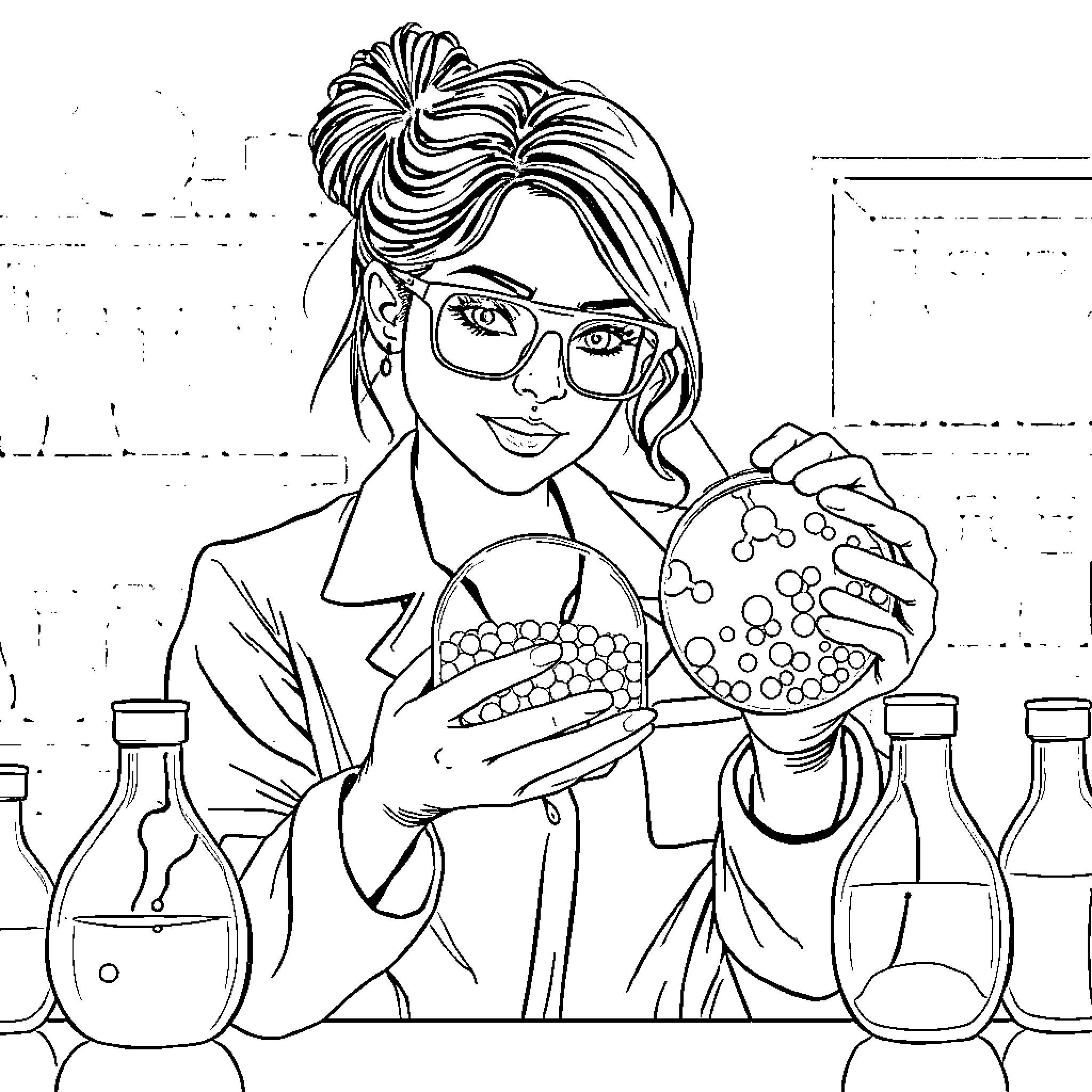 Doctorante examining scientific samples in the laboratory Coloring Page (free black-and-white line drawing printable PDF for all, from beginners to advanced learners, including children, teens, adults, and seniors)