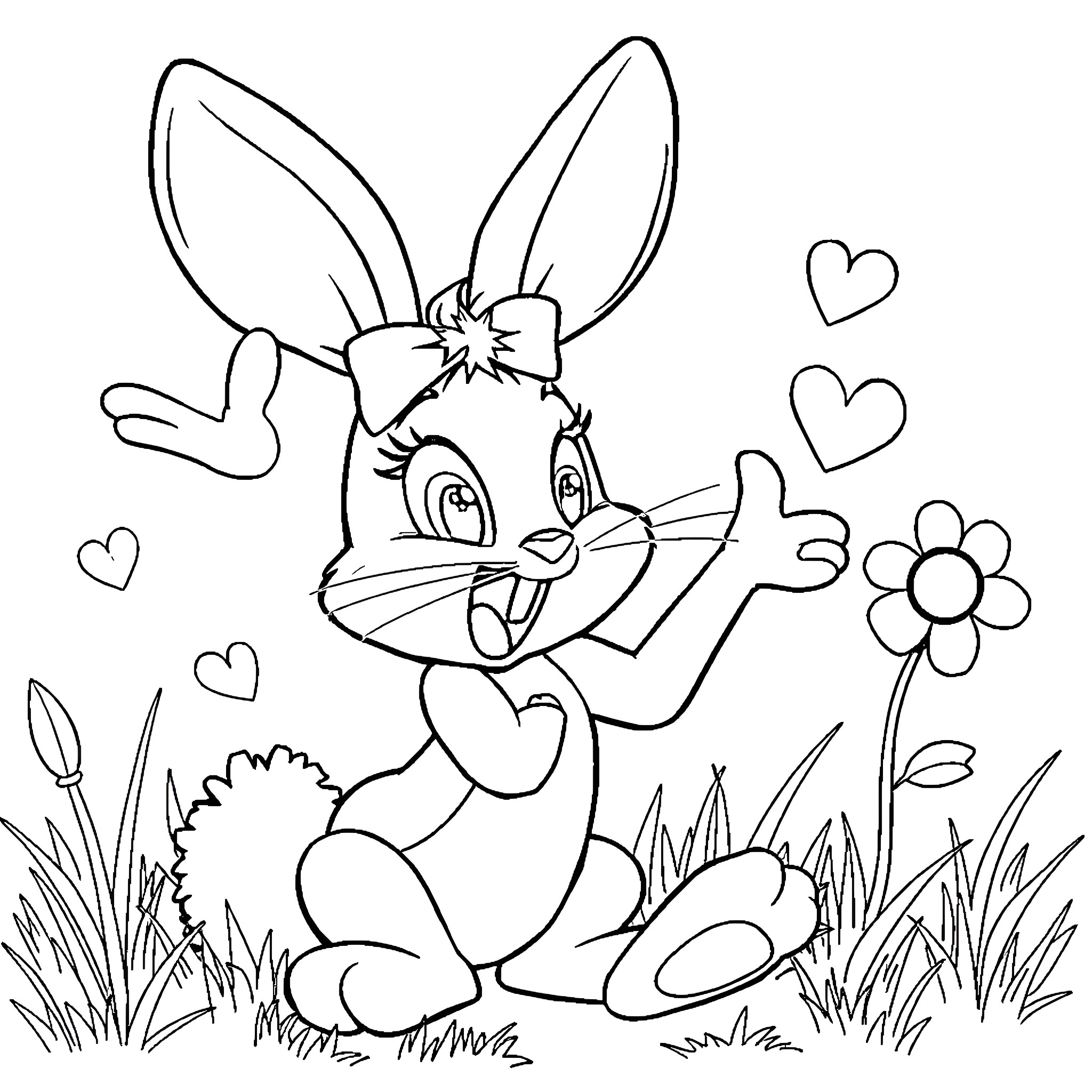 Lola Bunny posing happily with flowers and hearts Coloring Page (free black-and-white line drawing printable PDF for all, from beginners to advanced learners, including children, teens, adults, and seniors)