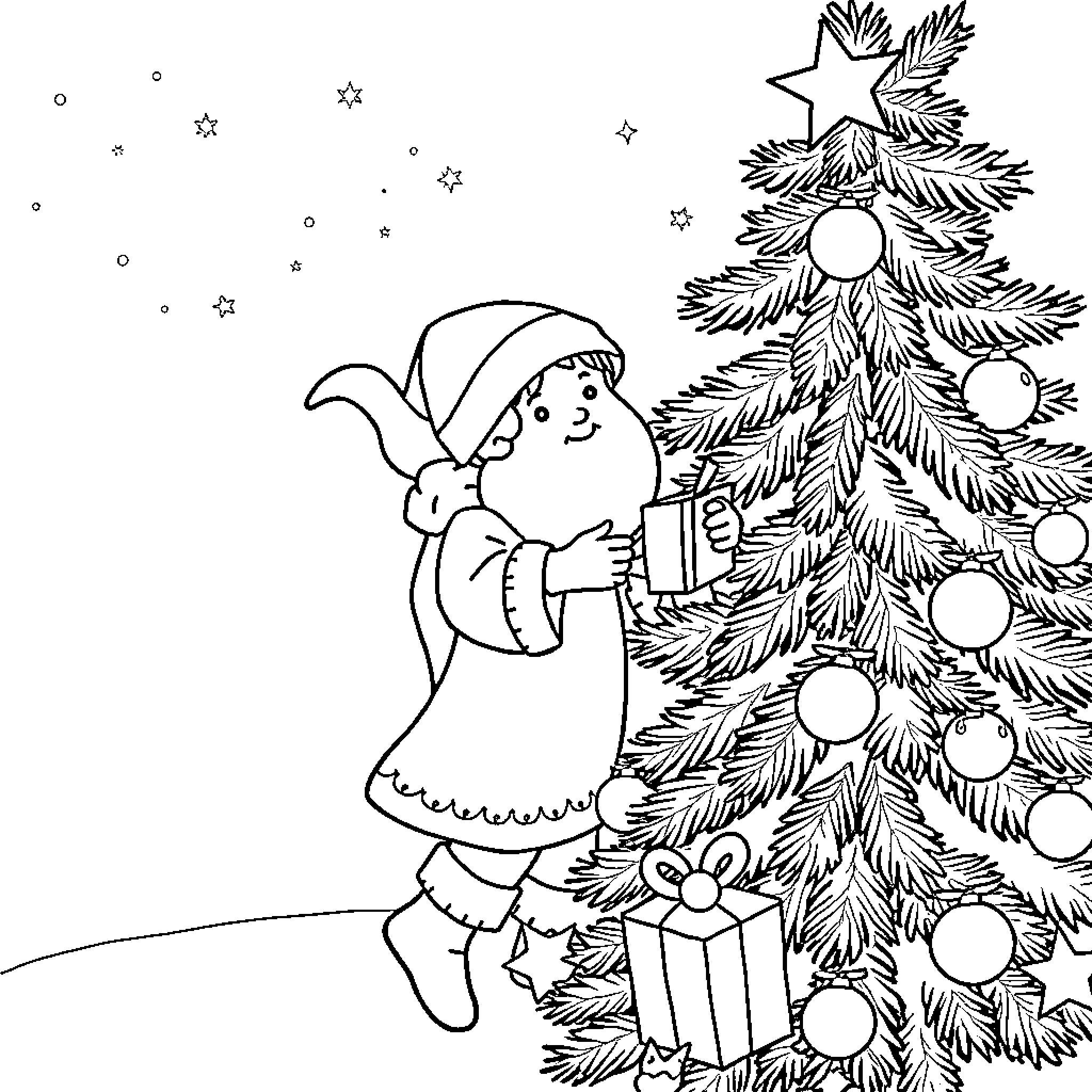 Christkind decorating festive Christmas tree Coloring Page (free black-and-white line drawing printable PDF for all, from beginners to advanced learners, including children, teens, adults, and seniors)