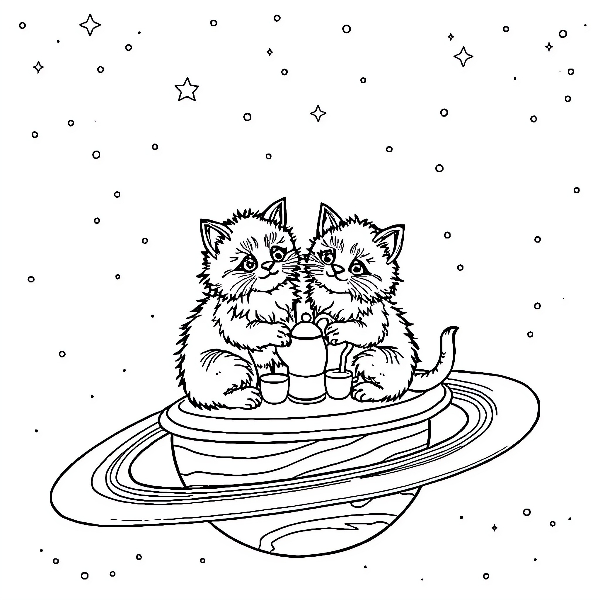 Cats exploring a cosmic spacecraft Coloring Page (free black-and-white line drawing printable PDF for all, from beginners to advanced learners, including children, teens, adults, and seniors)