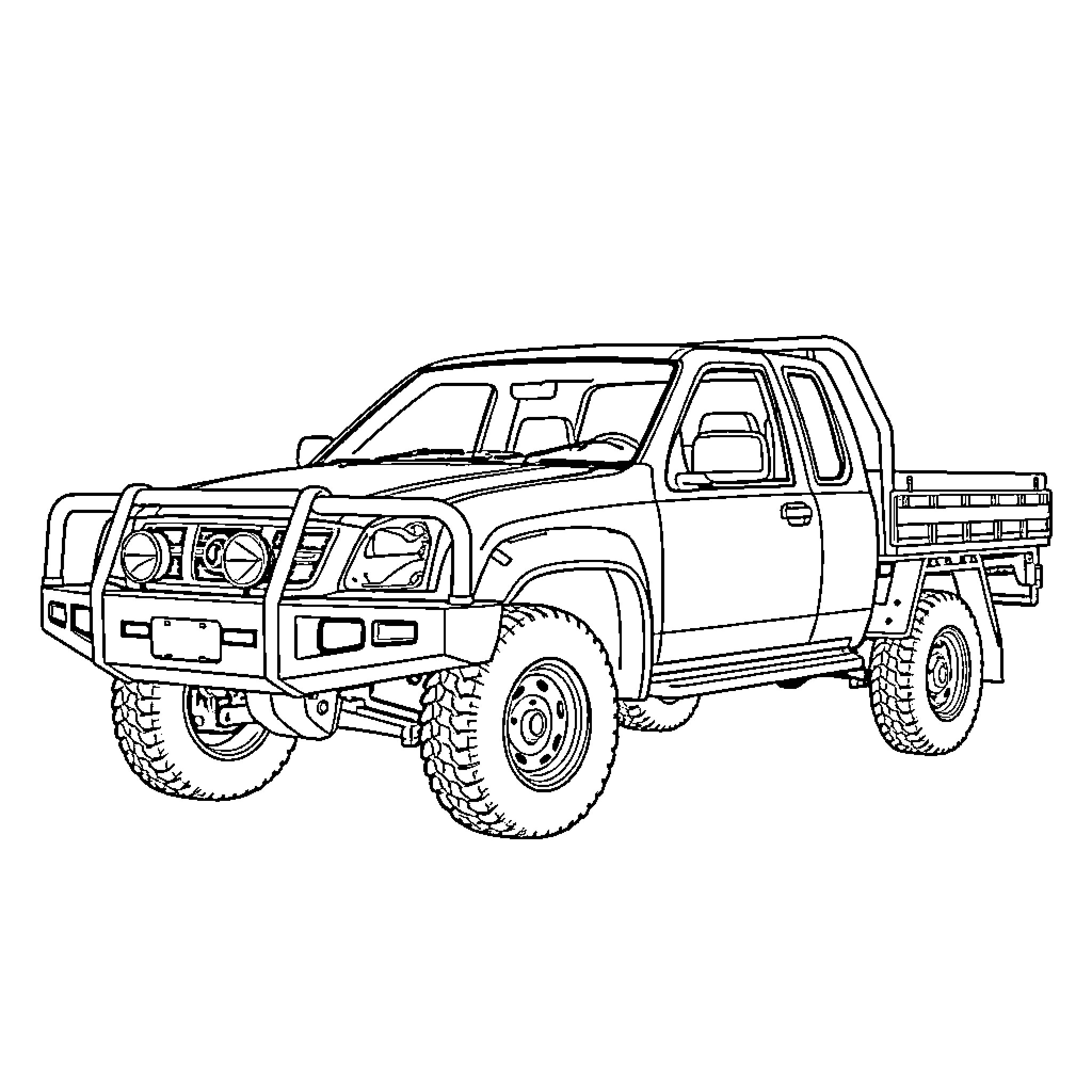 Car with off-road accessories and rugged features Coloring Page (free black-and-white line drawing printable PDF for all, from beginners to advanced learners, including children, teens, adults, and seniors)