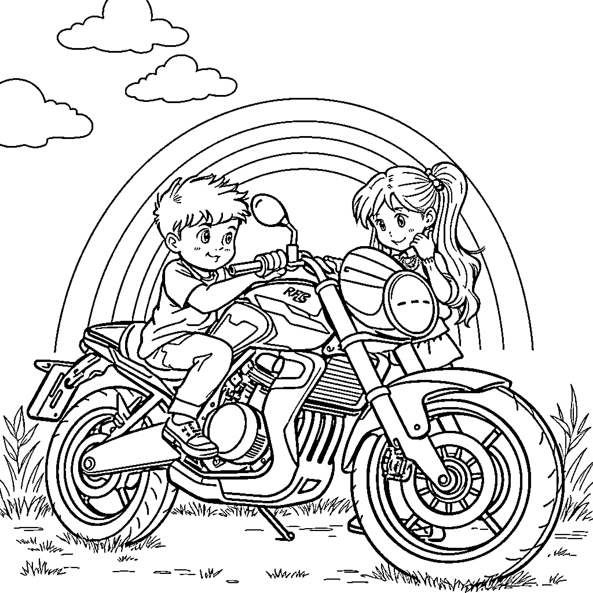 Twin siblings riding motorcycle under rainbow Coloring Page (free black-and-white line drawing printable PDF for all, from beginners to advanced learners, including children, teens, adults, and seniors)