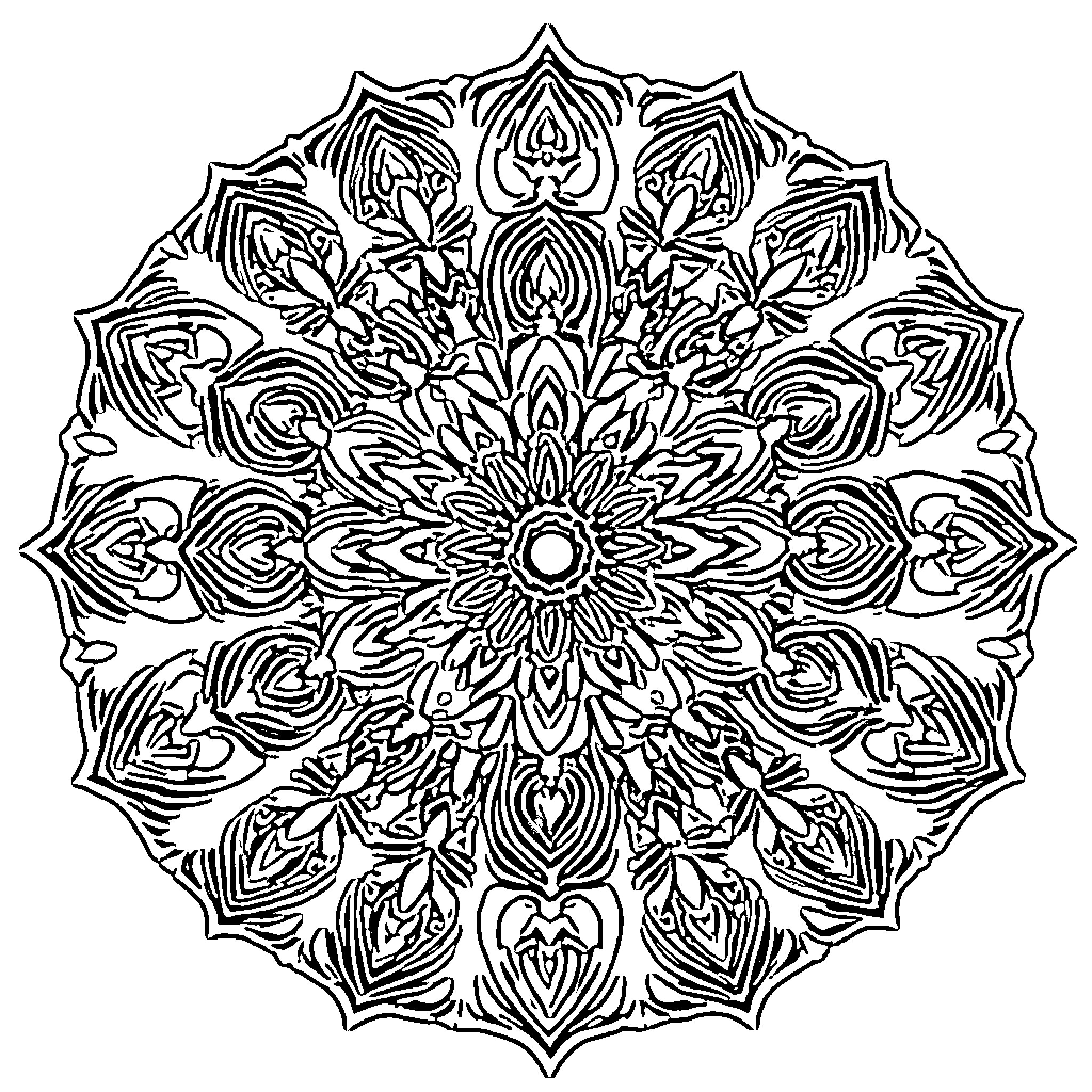 Mandala of intricate floral patterns Coloring Page (free black-and-white line drawing printable PDF for all, from beginners to advanced learners, including children, teens, adults, and seniors)