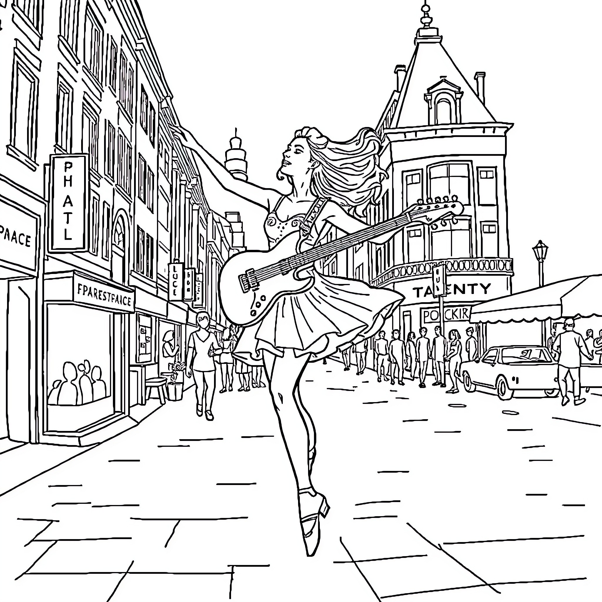 Ballet Dancer Performing on City Street Coloring Page (free black-and-white line drawing printable PDF for all, from beginners to advanced learners, including children, teens, adults, and seniors)