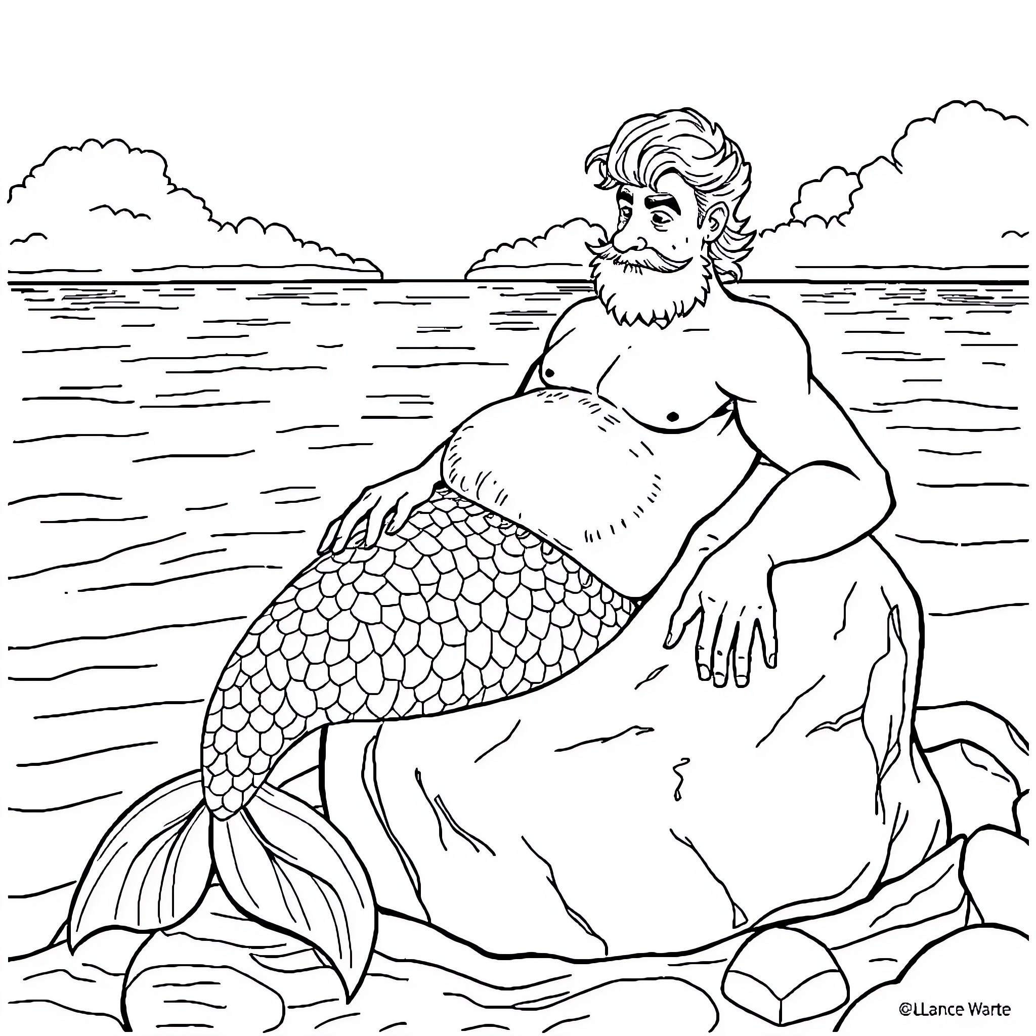Merman lounging by the seashore Coloring Page (free black-and-white line drawing printable PDF for all, from beginners to advanced learners, including children, teens, adults, and seniors)