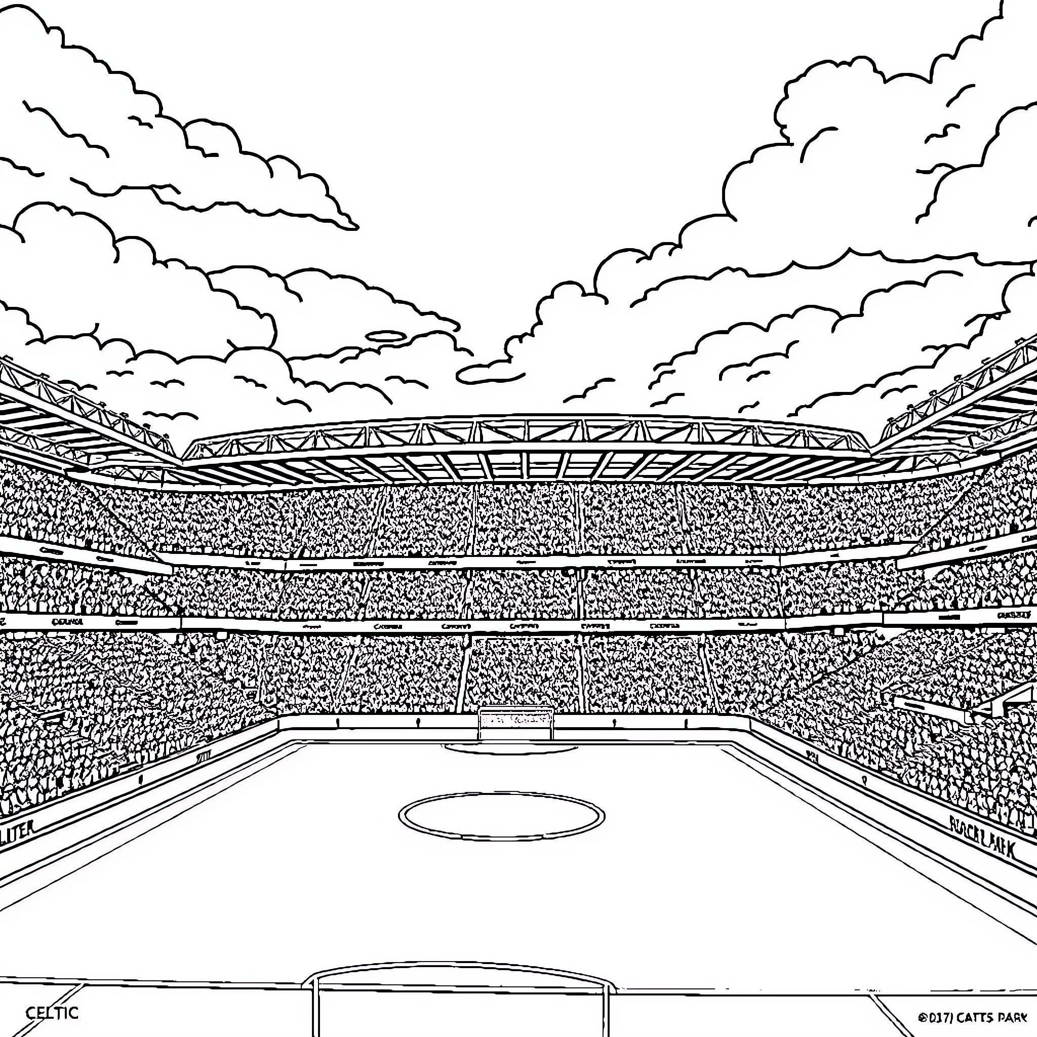 Football Stadium with Cheering Crowd and Cloudy Sky Coloring Page (free black-and-white line drawing printable PDF for all, from beginners to advanced learners, including children, teens, adults, and seniors)