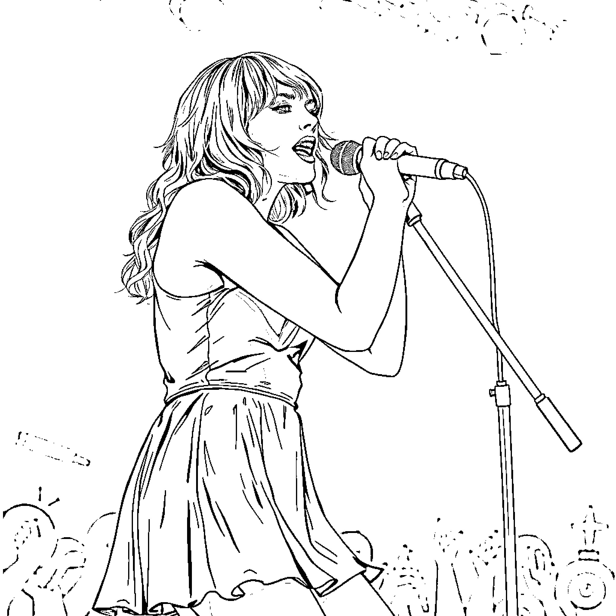 Taylor Swift performing on stage with microphone Coloring Page (free black-and-white line drawing printable PDF for all, from beginners to advanced learners, including children, teens, adults, and seniors)