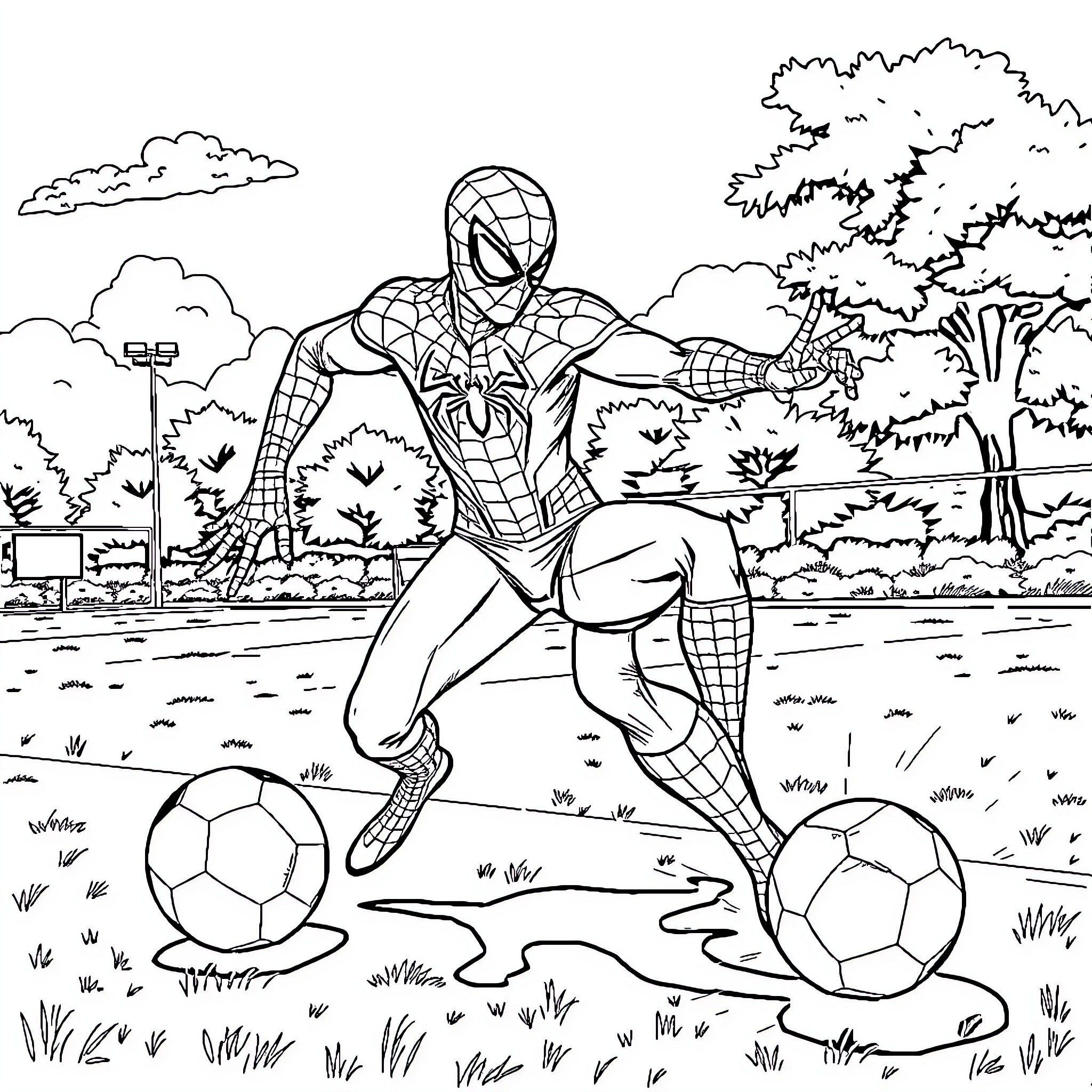 Spider-Man playing soccer in the park Coloring Page (free black-and-white line drawing printable PDF for all, from beginners to advanced learners, including children, teens, adults, and seniors)