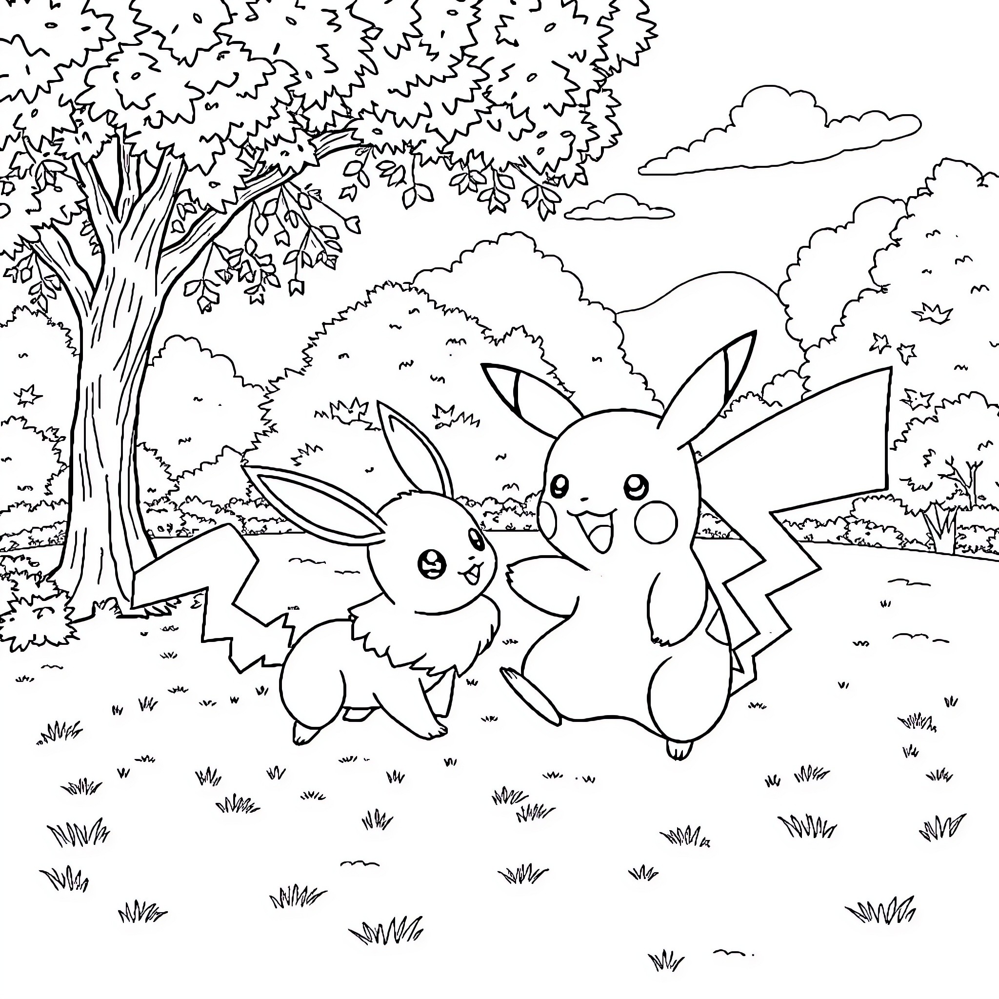 Pikachu playing happily with friends in the forest Coloring Page (free black-and-white line drawing printable PDF for all, from beginners to advanced learners, including children, teens, adults, and seniors)