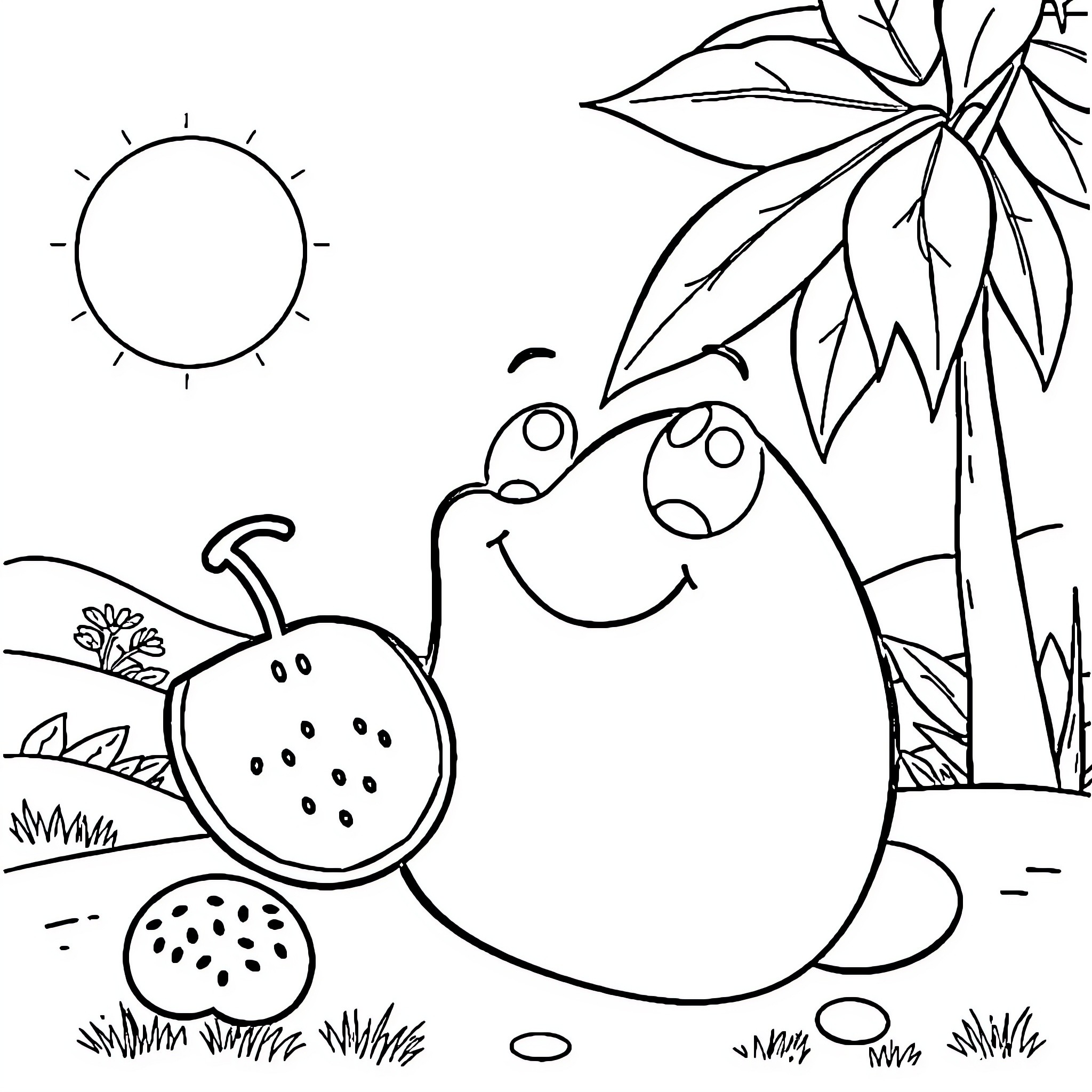 Slime creature frolicking in nature Coloring Page (free black-and-white line drawing printable PDF for all, from beginners to advanced learners, including children, teens, adults, and seniors)