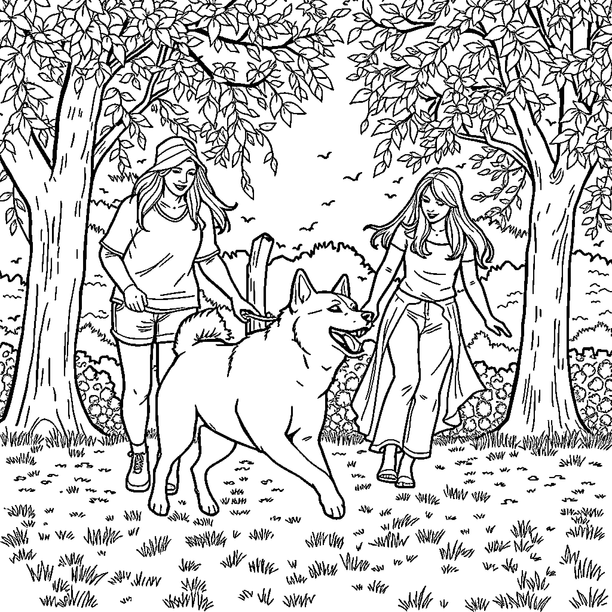 Shiba Inu companions with girls in the forest Coloring Page (free black-and-white line drawing printable PDF for all, from beginners to advanced learners, including children, teens, adults, and seniors)