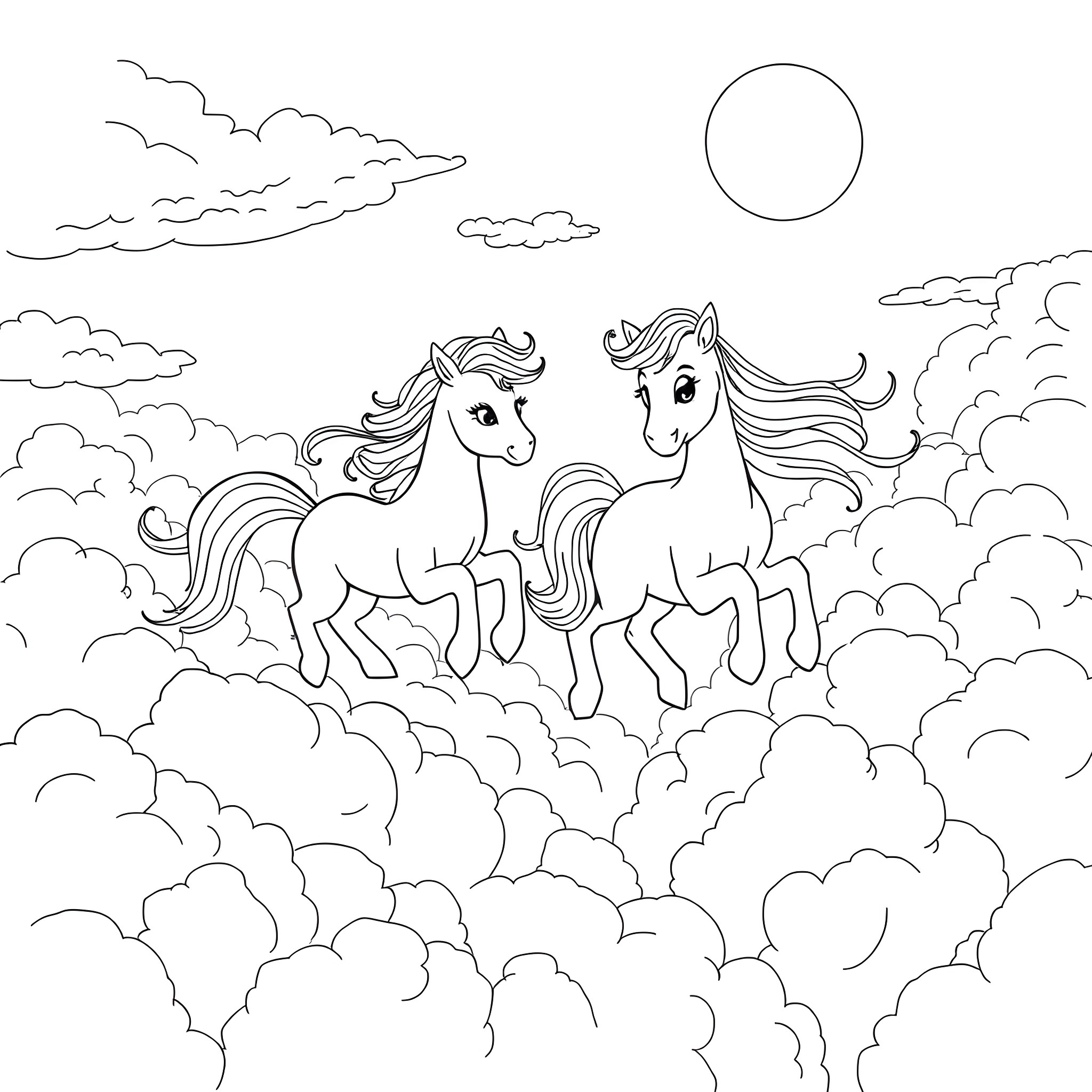 Pony friends playing in the clouds Coloring Page (free black-and-white line drawing printable PDF for all, from beginners to advanced learners, including children, teens, adults, and seniors)