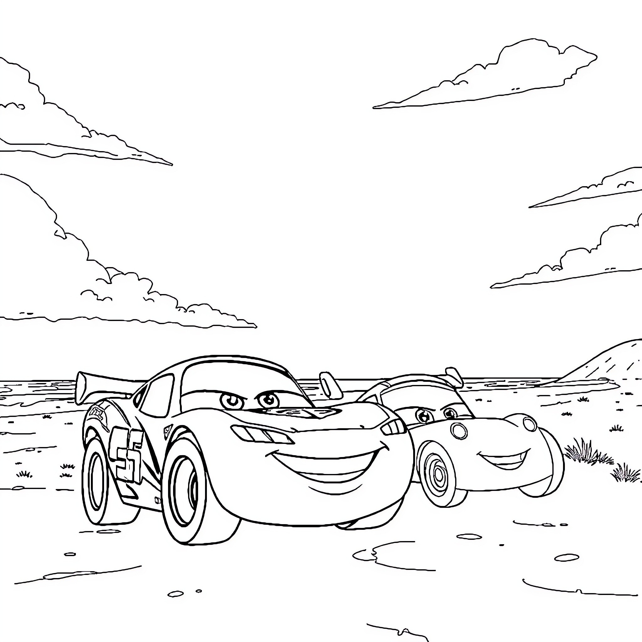 Lightning McQueen and Mater's Adventure in the Countryside Coloring Page (free black-and-white line drawing printable PDF for all, from beginners to advanced learners, including children, teens, adults, and seniors)