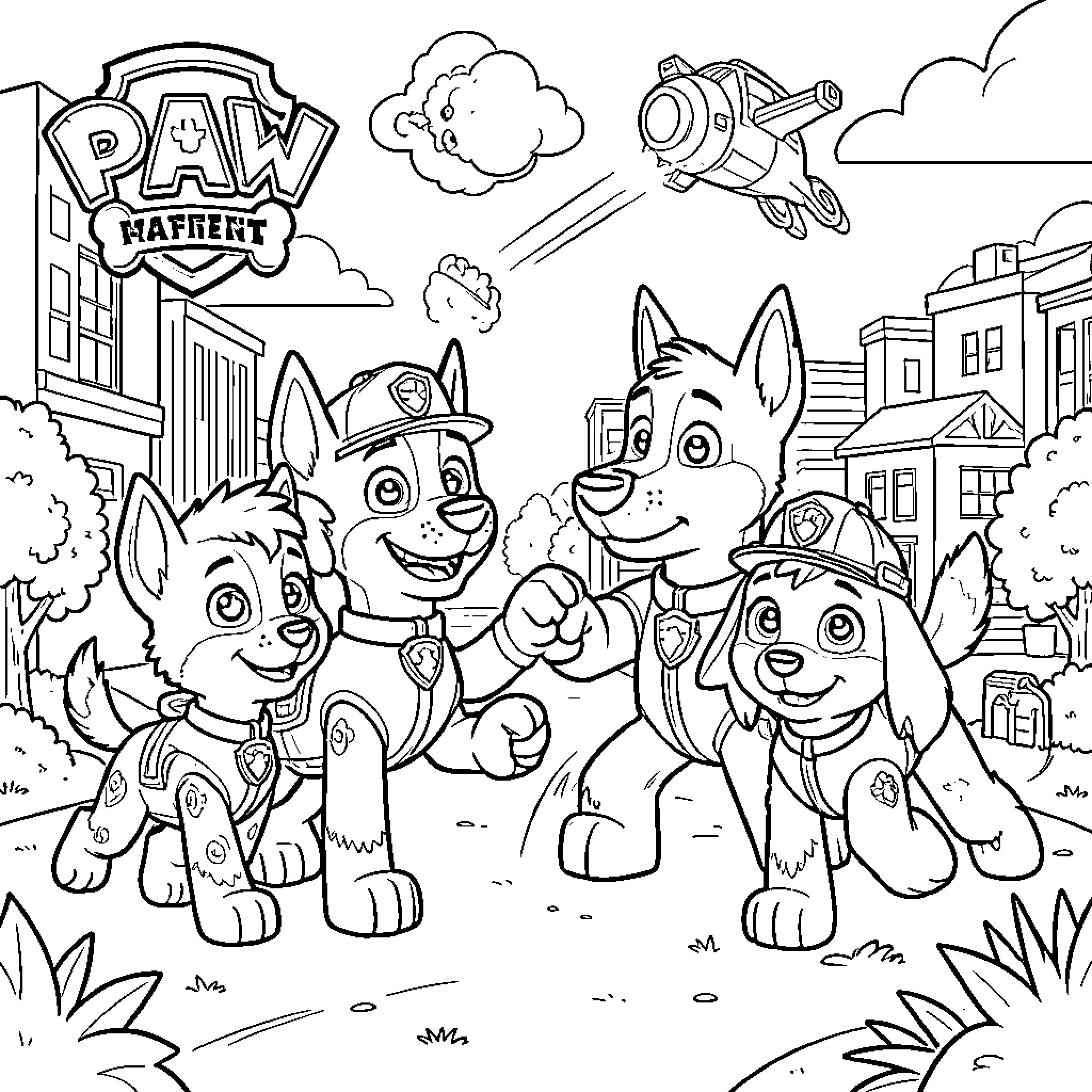 Paw Patrol pups celebrating together in the city Coloring Page (free black-and-white line drawing printable PDF for all, from beginners to advanced learners, including children, teens, adults, and seniors)