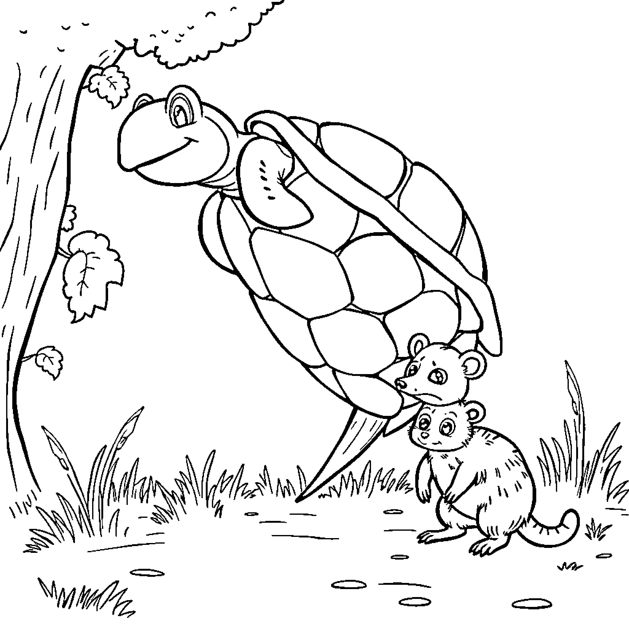 Turtle exploring the forest with friends Coloring Page (free black-and-white line drawing printable PDF for all, from beginners to advanced learners, including children, teens, adults, and seniors)