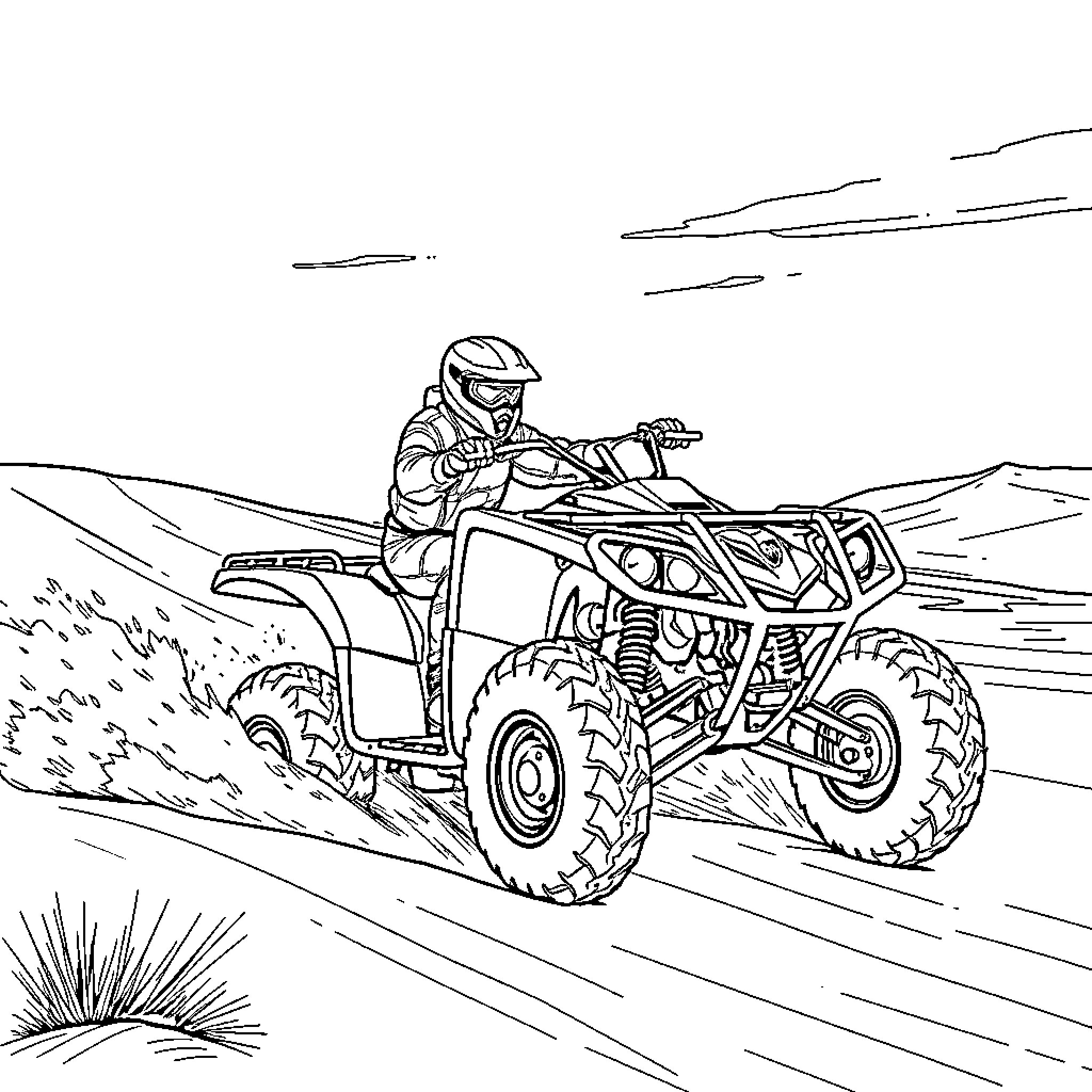 Yamaha Banshee rider speeding through the desert landscape Coloring Page (free black-and-white line drawing printable PDF for all, from beginners to advanced learners, including children, teens, adults, and seniors)
