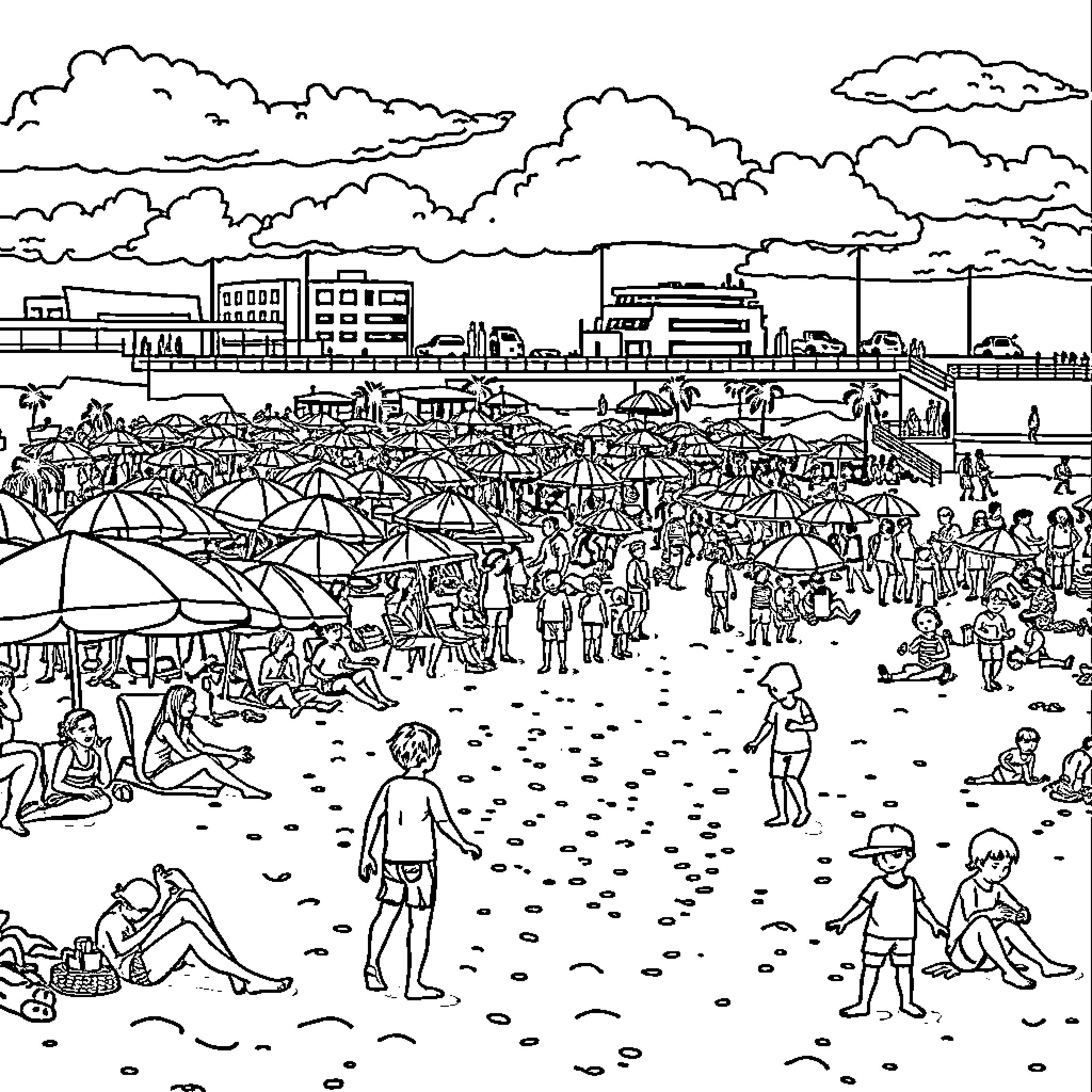Beach scene with crowded boardwalk and umbrellas Coloring Page (free black-and-white line drawing printable PDF for all, from beginners to advanced learners, including children, teens, adults, and seniors)
