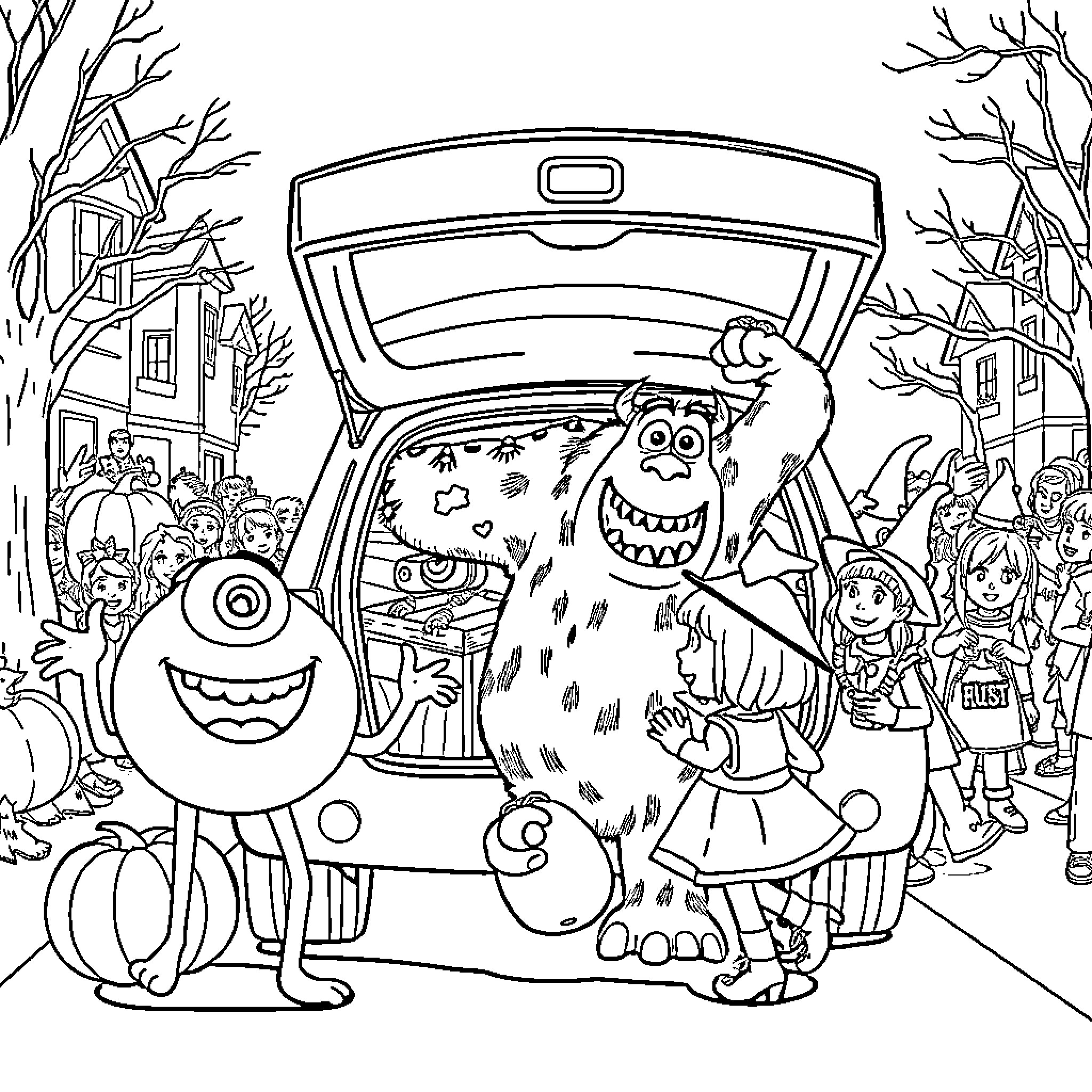Monster Characters Celebrating in a Festive Scene Coloring Page (free black-and-white line drawing printable PDF for all, from beginners to advanced learners, including children, teens, adults, and seniors)
