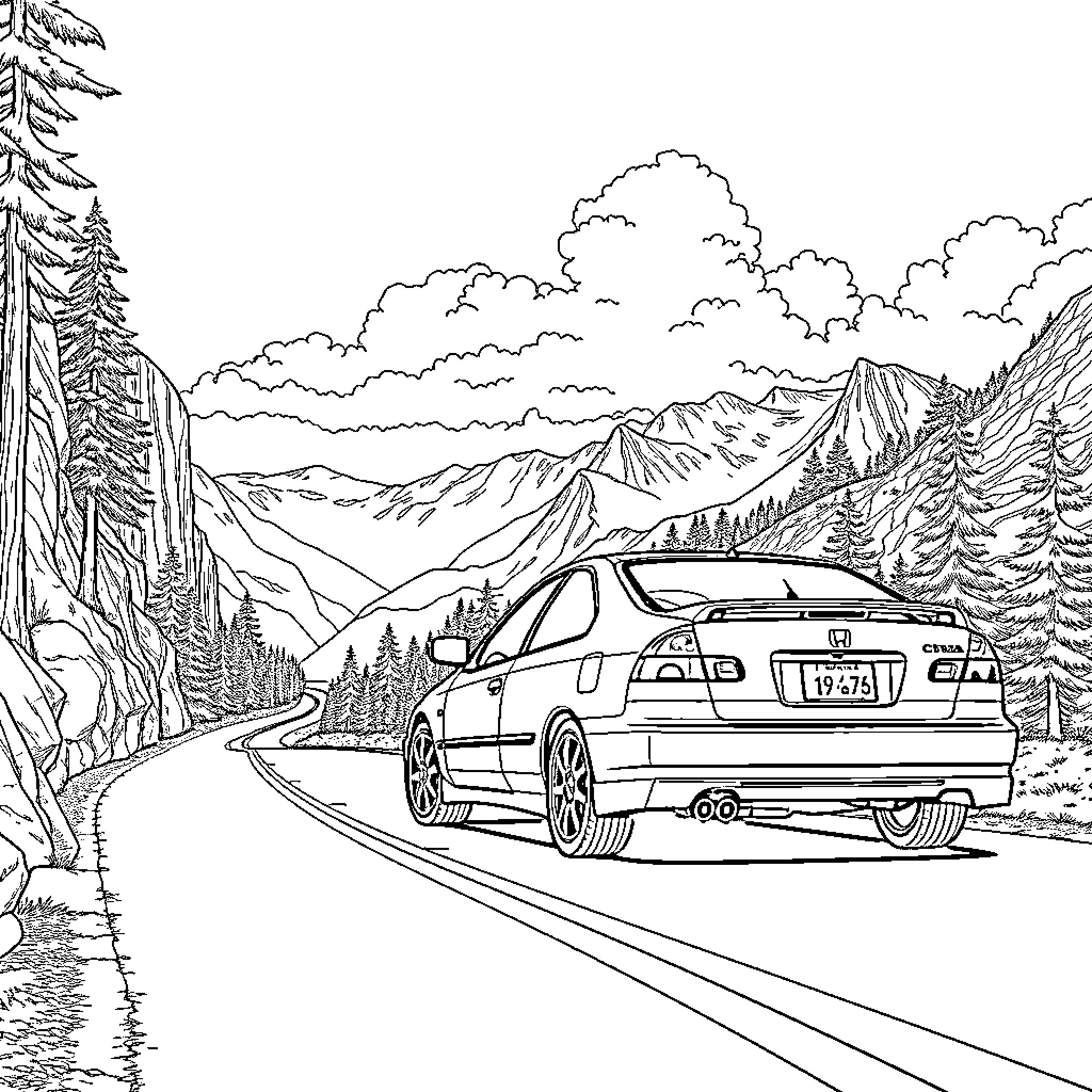 Honda Civic driving through scenic mountain landscape Coloring Page (free black-and-white line drawing printable PDF for all, from beginners to advanced learners, including children, teens, adults, and seniors)