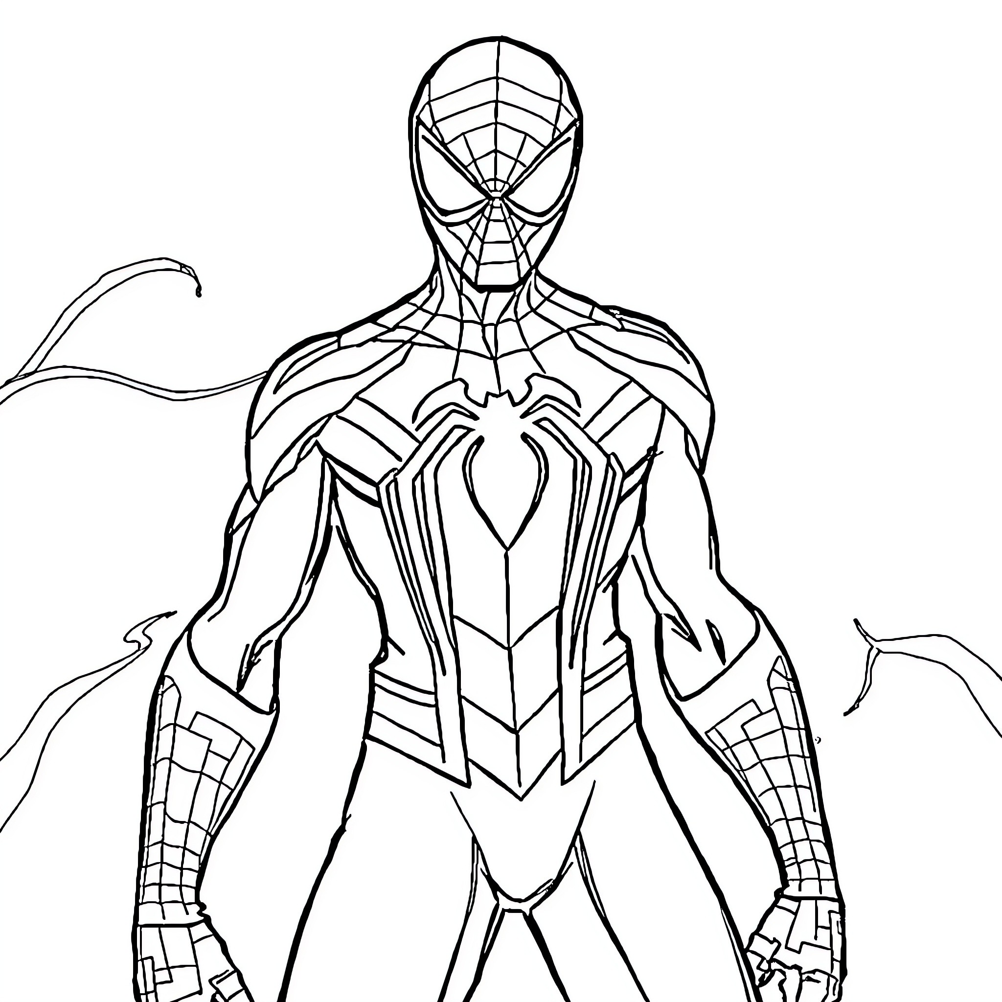 Spiderman in action-packed pose Coloring Page (free black-and-white line drawing printable PDF for all, from beginners to advanced learners, including children, teens, adults, and seniors)