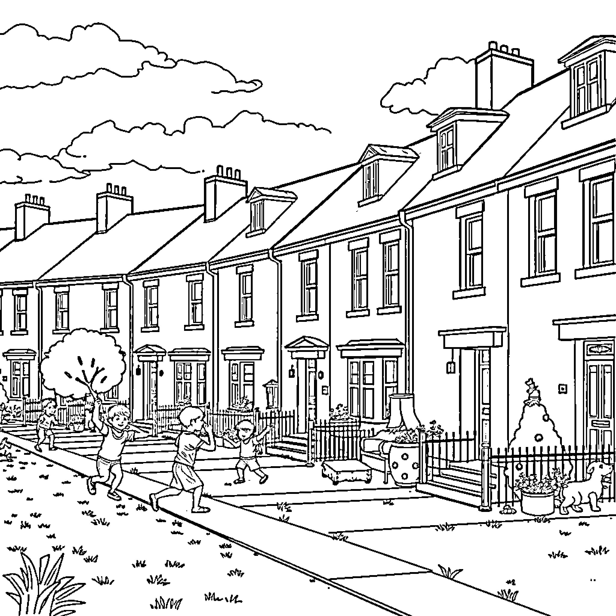 Irish Council Estate with Children Playing Outdoors Coloring Page (free black-and-white line drawing printable PDF for all, from beginners to advanced learners, including children, teens, adults, and seniors)