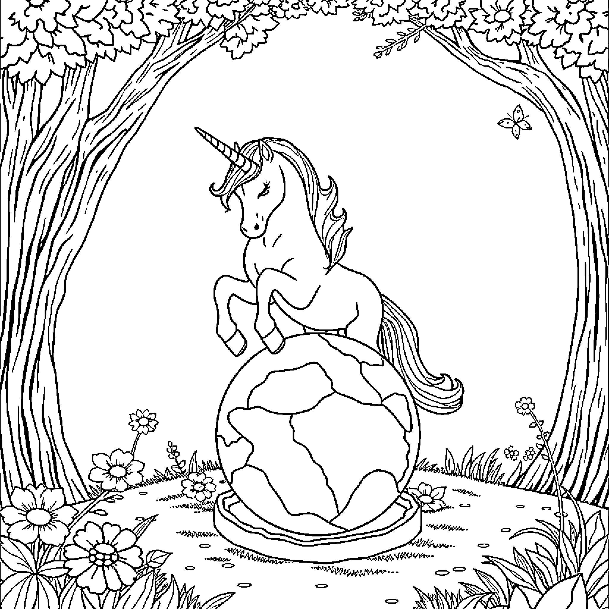 Unicorn frolicking on a magical globe in a forest Coloring Page (free black-and-white line drawing printable PDF for all, from beginners to advanced learners, including children, teens, adults, and seniors)