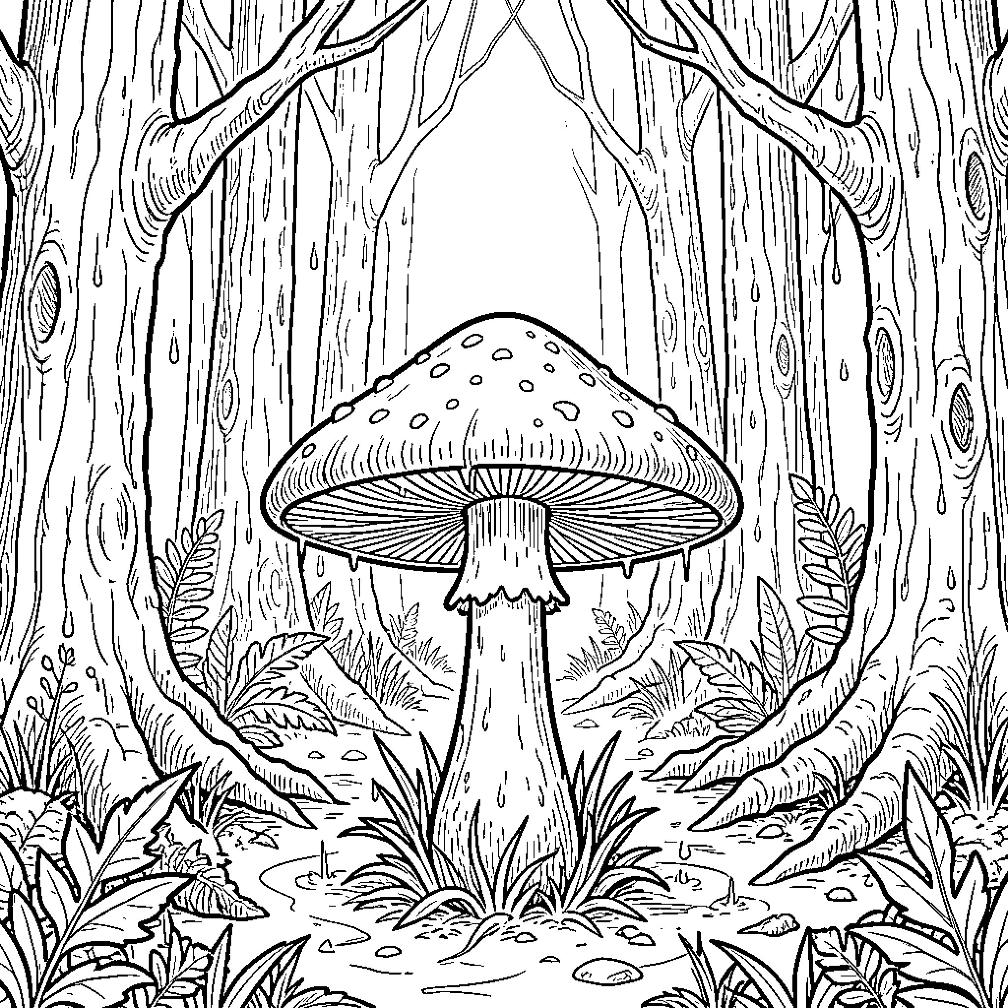 Mushroom standing tall among trees and forest ferns Coloring Page (free black-and-white line drawing printable PDF for all, from beginners to advanced learners, including children, teens, adults, and seniors)