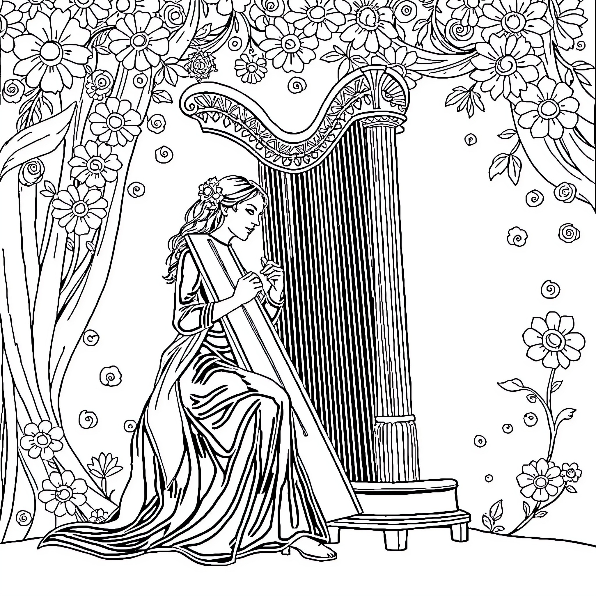 Harpist playing amidst floral artwork Coloring Page (free black-and-white line drawing printable PDF for all, from beginners to advanced learners, including children, teens, adults, and seniors)