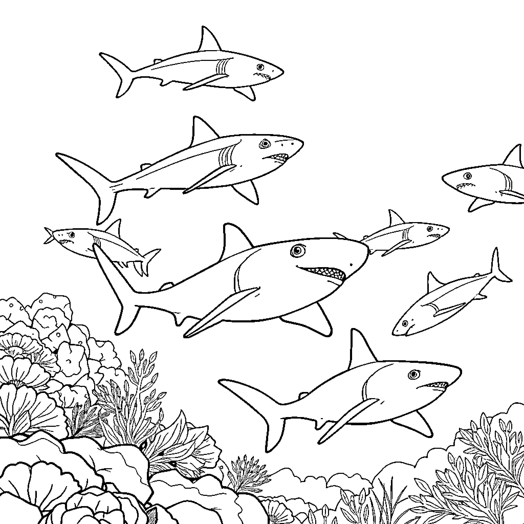 Shark swimming among underwater plants and coral Coloring Page (free black-and-white line drawing printable PDF for all, from beginners to advanced learners, including children, teens, adults, and seniors)