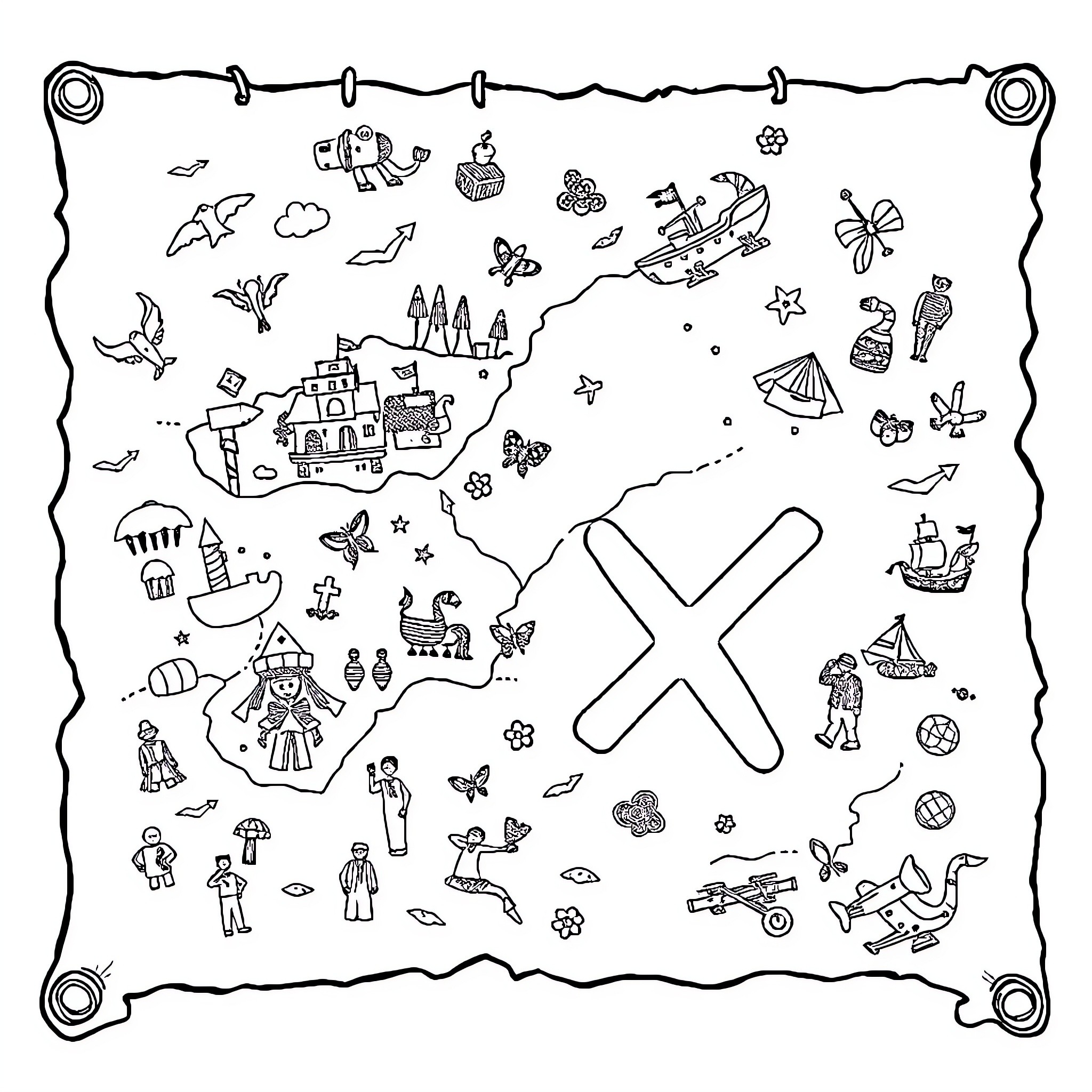 Treasure Map of Fantastical Scenes and Symbols Coloring Page (free black-and-white line drawing printable PDF for all, from beginners to advanced learners, including children, teens, adults, and seniors)