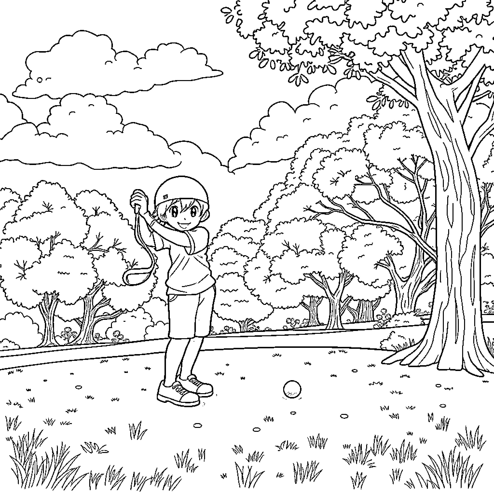 Kuromi playing happily in the nature Coloring Page (free black-and-white line drawing printable PDF for all, from beginners to advanced learners, including children, teens, adults, and seniors)