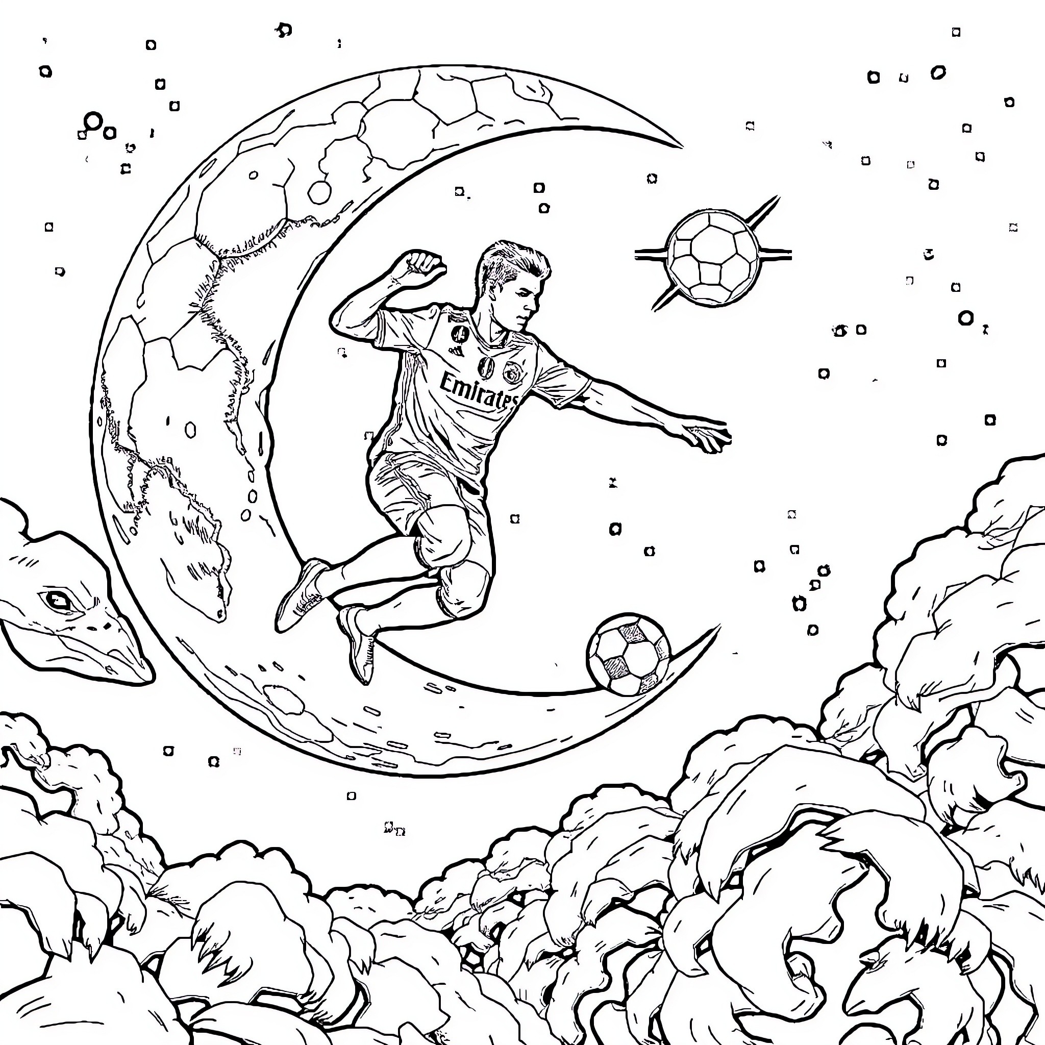 Christian Ronaldo kicking football against cosmic backdrop Coloring Page (free black-and-white line drawing printable PDF for all, from beginners to advanced learners, including children, teens, adults, and seniors)
