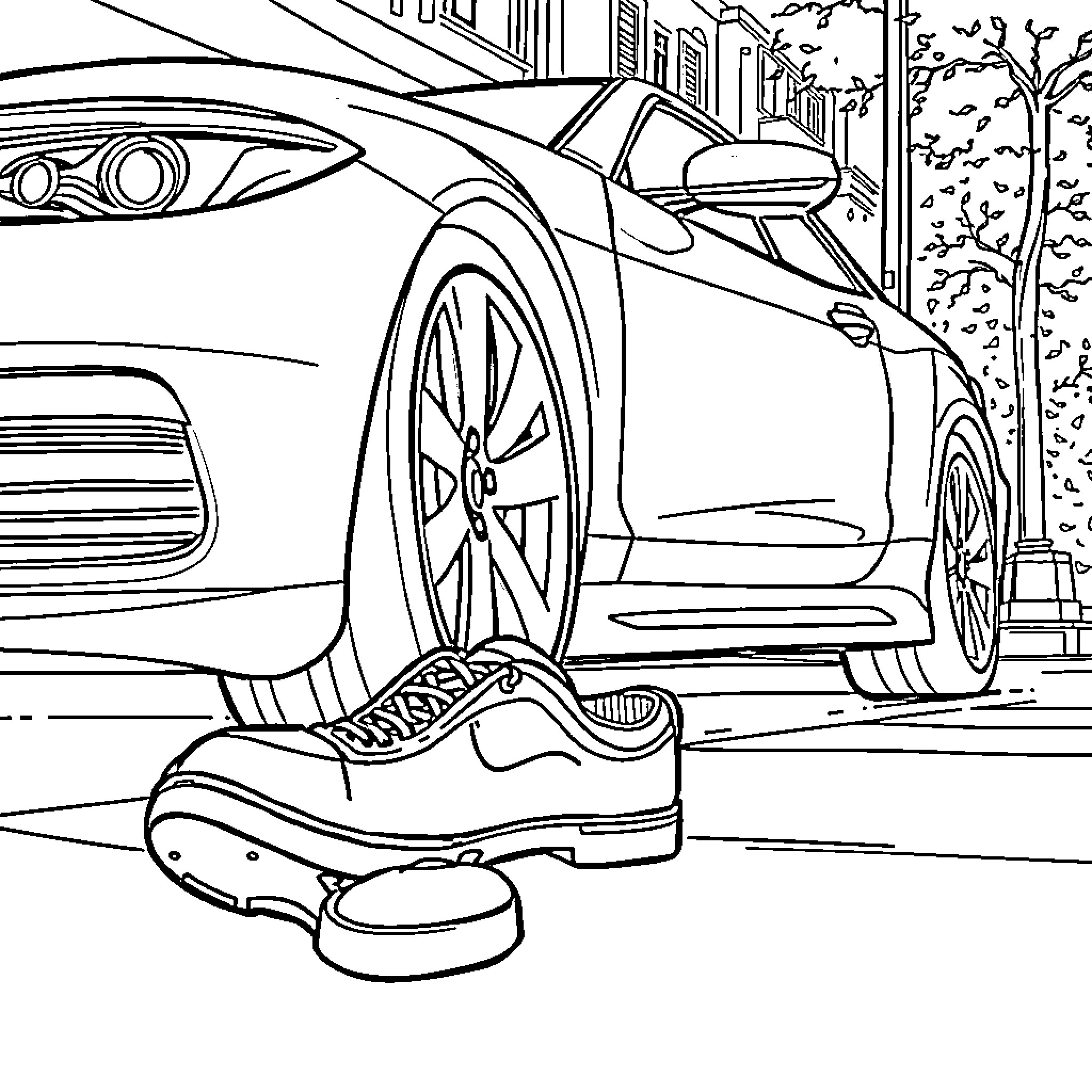 Shoe and sleek sports car in urban setting Coloring Page (free black-and-white line drawing printable PDF for all, from beginners to advanced learners, including children, teens, adults, and seniors)