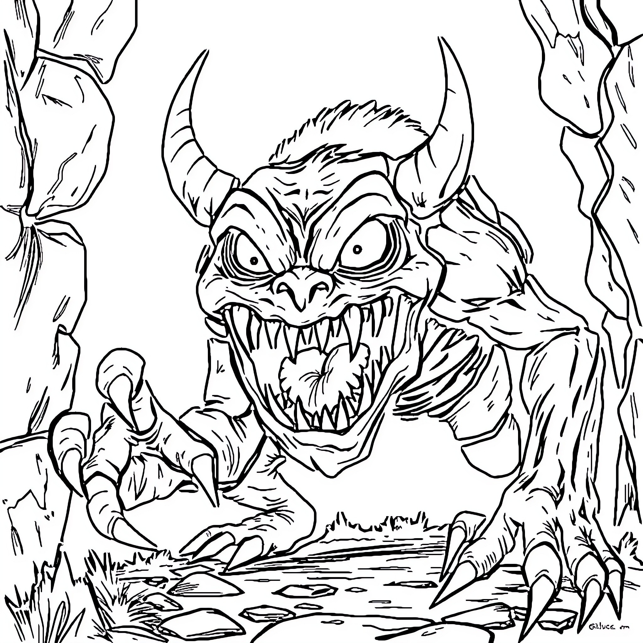 Monster emerging from the depths with menacing claws Coloring Page (free black-and-white line drawing printable PDF for all, from beginners to advanced learners, including children, teens, adults, and seniors)