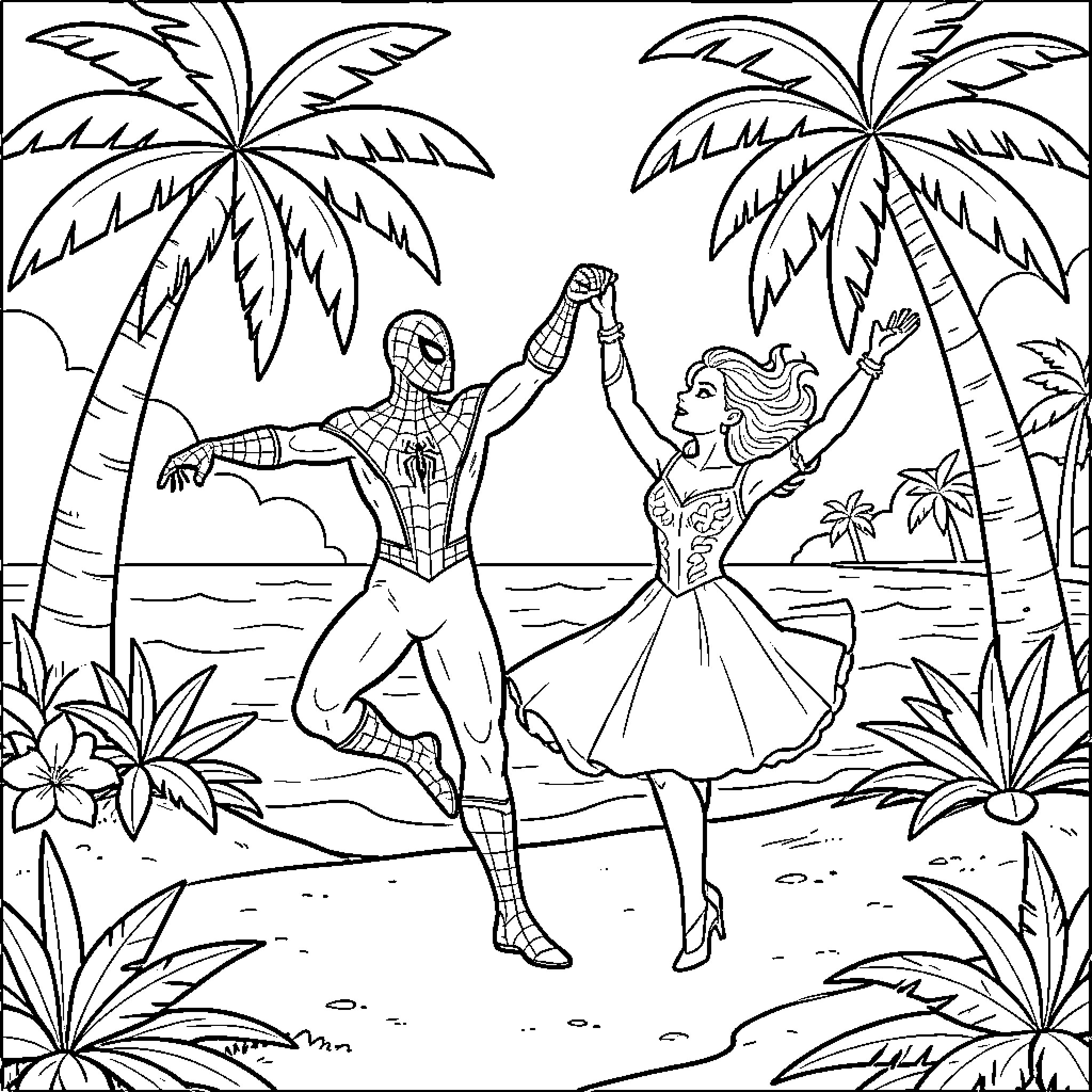 Spiderman dancing joyfully with a woman on a beach Coloring Page (free black-and-white line drawing printable PDF for all, from beginners to advanced learners, including children, teens, adults, and seniors)