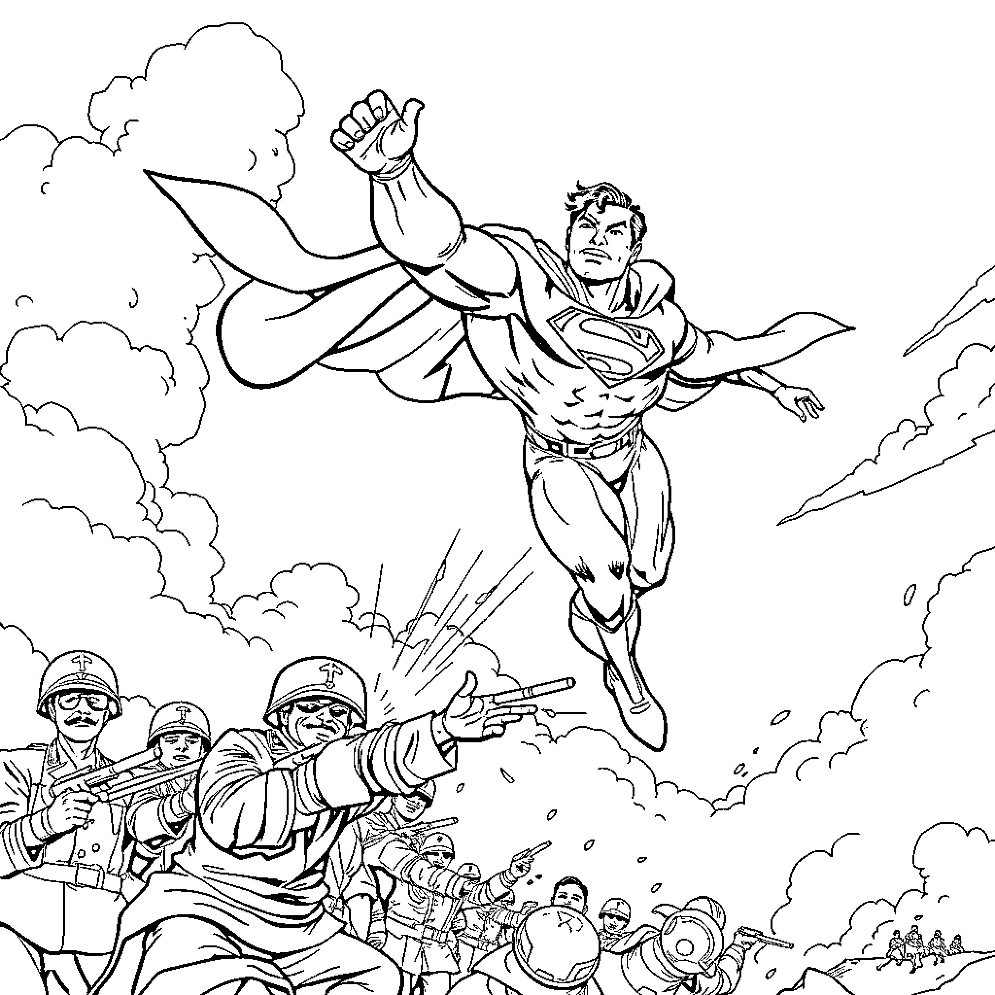 Superman soaring heroically through the sky Coloring Page (free black-and-white line drawing printable PDF for all, from beginners to advanced learners, including children, teens, adults, and seniors)