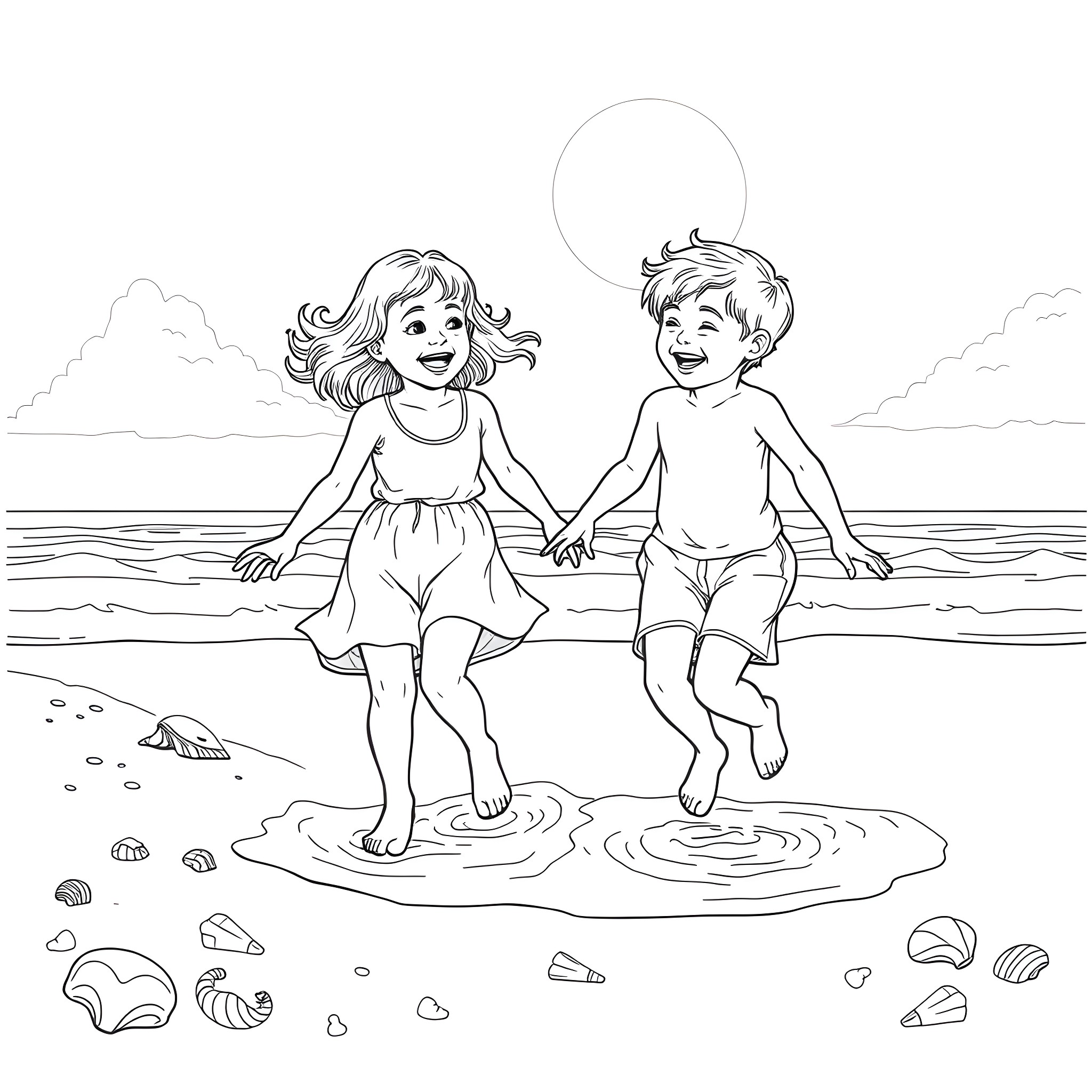 Twin siblings playing cheerfully in the waves Coloring Page (free black-and-white line drawing printable PDF for all, from beginners to advanced learners, including children, teens, adults, and seniors)