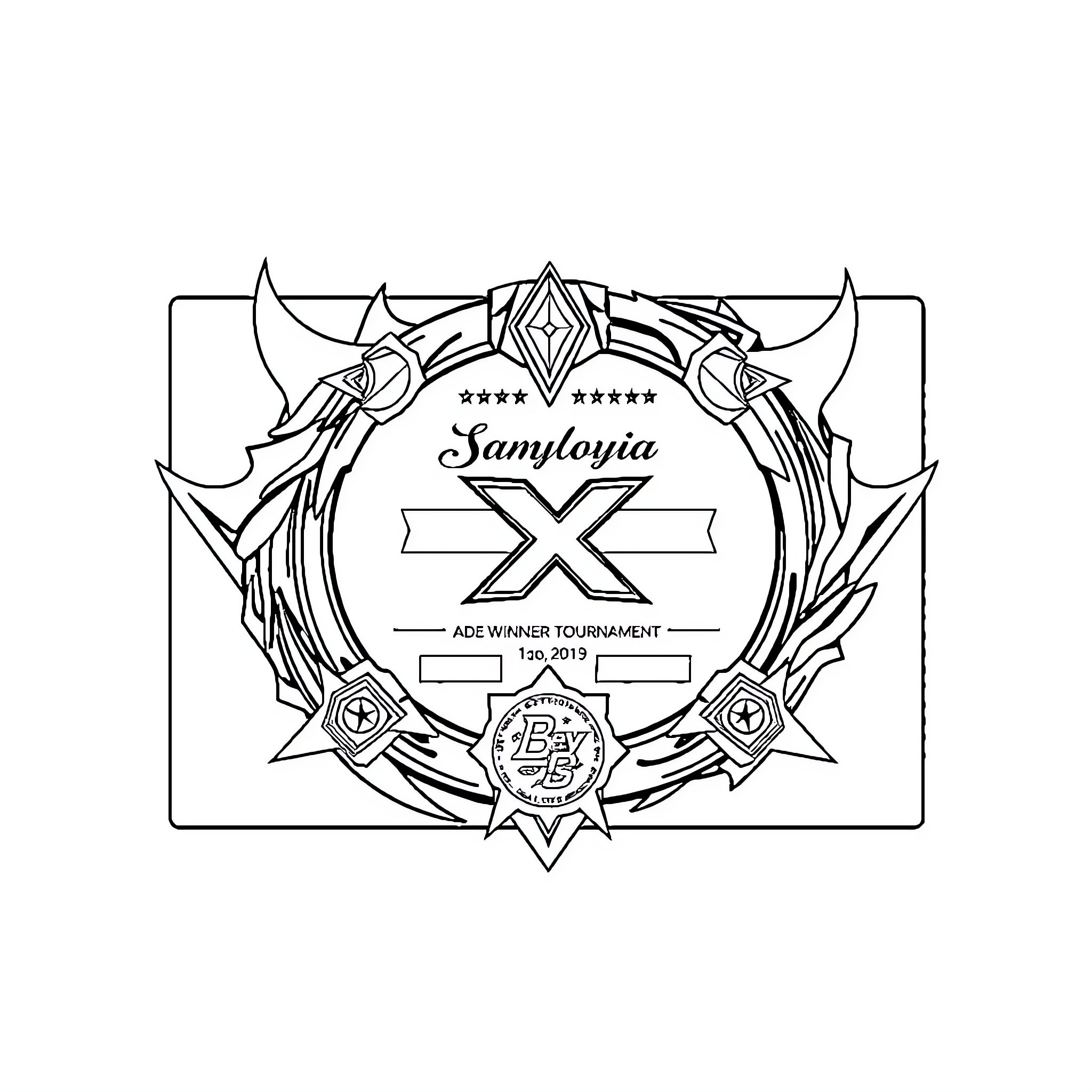 Beyblade Samyloyia Tournament Champion Announcement Coloring Page (free black-and-white line drawing printable PDF for all, from beginners to advanced learners, including children, teens, adults, and seniors)