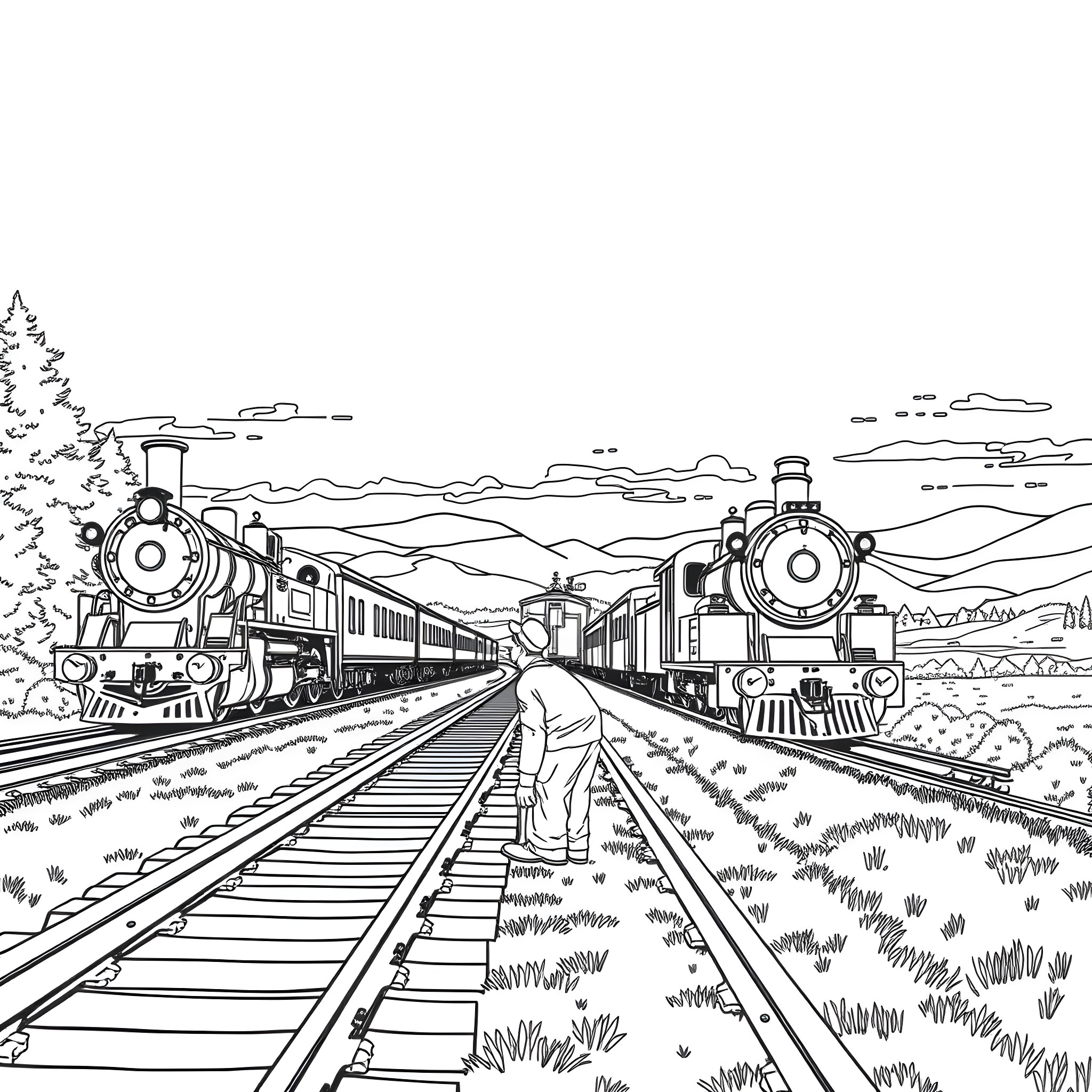 Railroad Worker Overseeing Vintage Steam Locomotive Trains Coloring Page (free black-and-white line drawing printable PDF for all, from beginners to advanced learners, including children, teens, adults, and seniors)