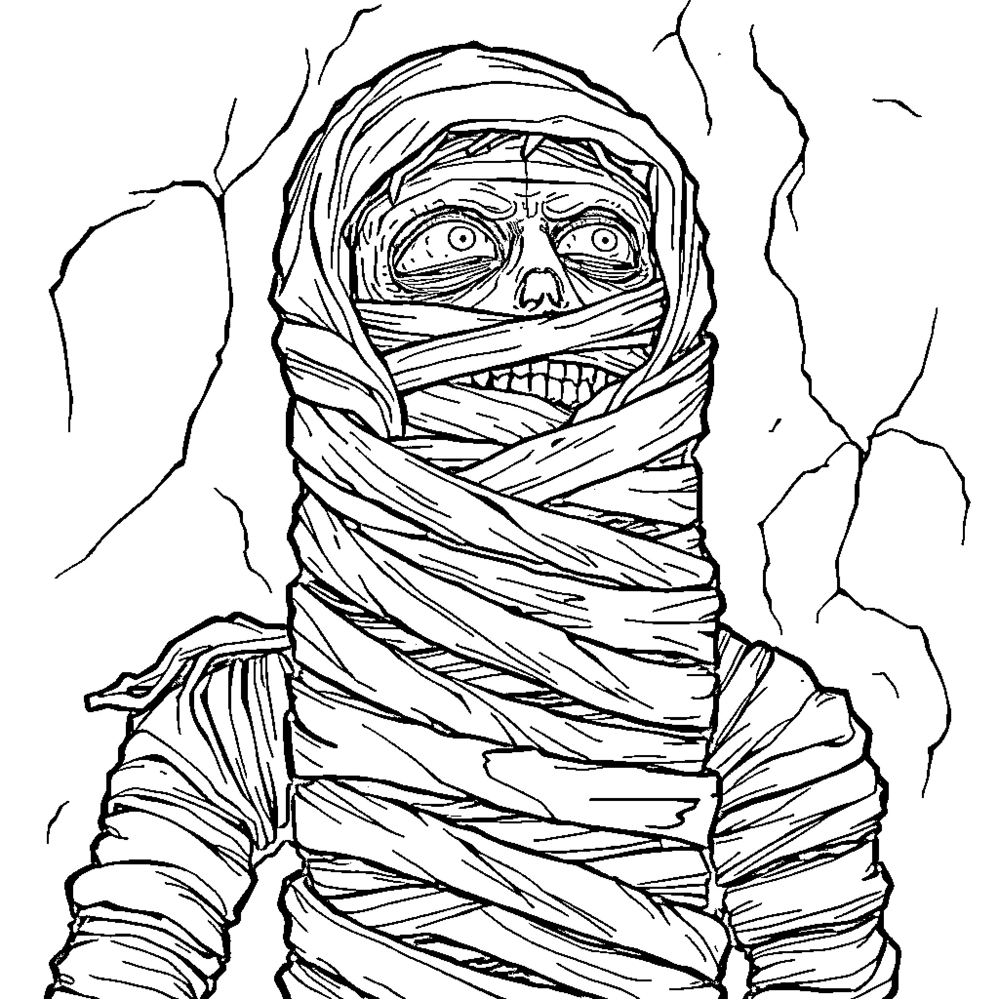 Mummy emerging from the crypt Coloring Page (free black-and-white line drawing printable PDF for all, from beginners to advanced learners, including children, teens, adults, and seniors)